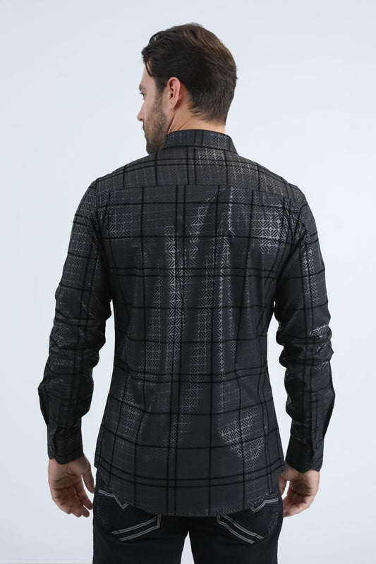 Camisa Platini de spandex negra con corte moderno y flocado para hombre (MFL11186 Negro)