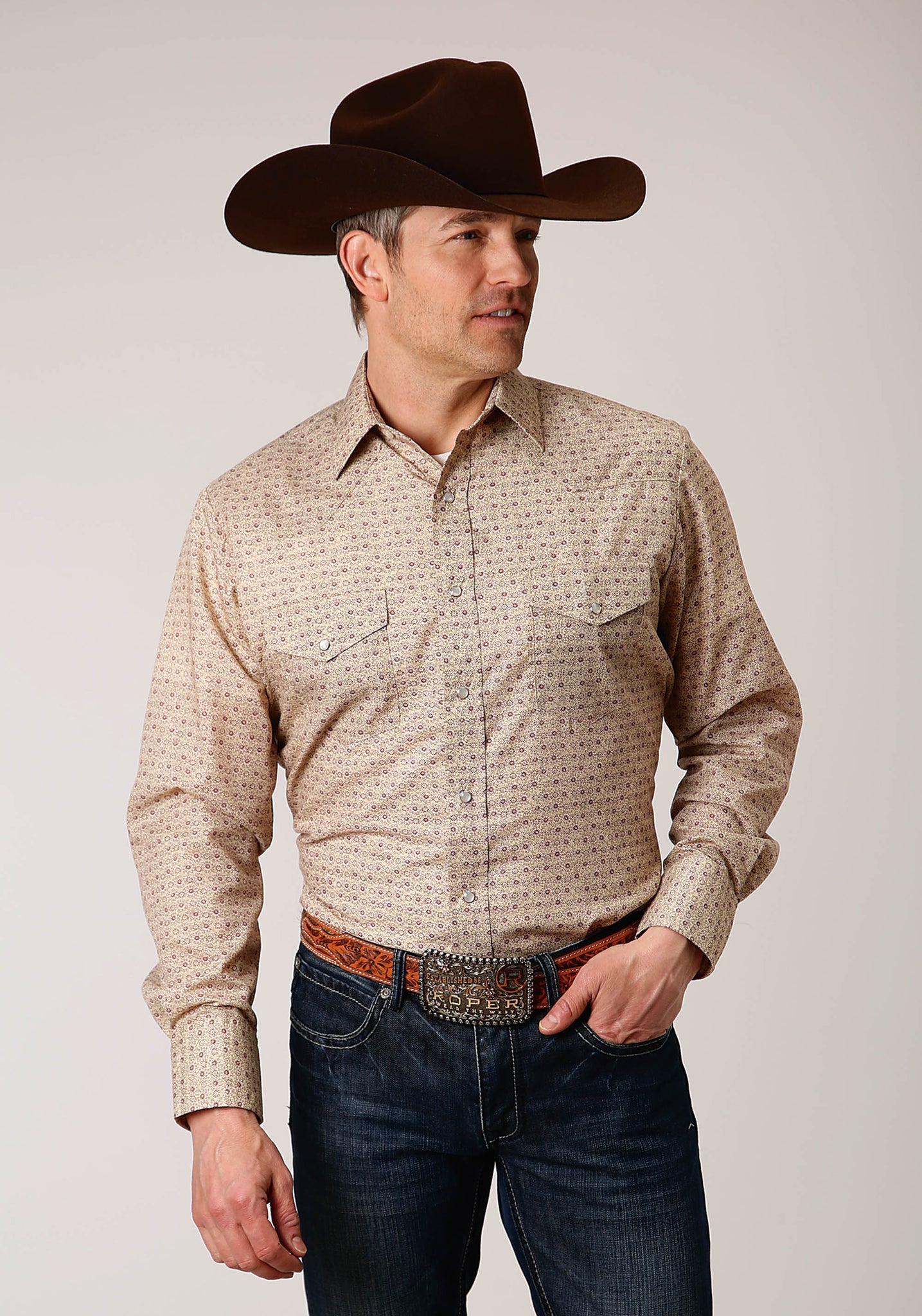 Roper Men's Long Sleeve Snap Beige and Rust Vintage Floral Print Western Shirt (01-001-0019-3061 BR)