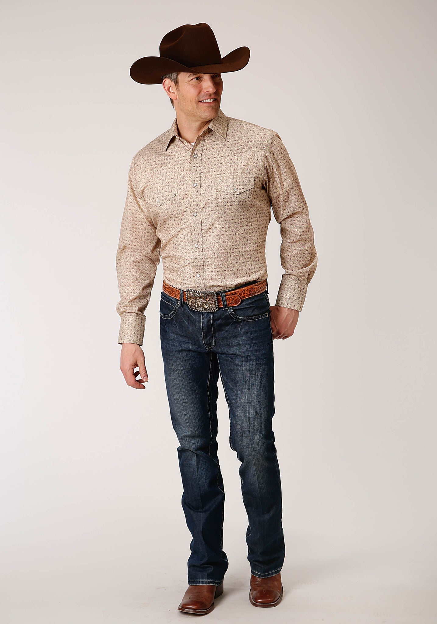 Roper Men's Long Sleeve Snap Beige and Rust Vintage Floral Print Western Shirt (01-001-0019-3061 BR)