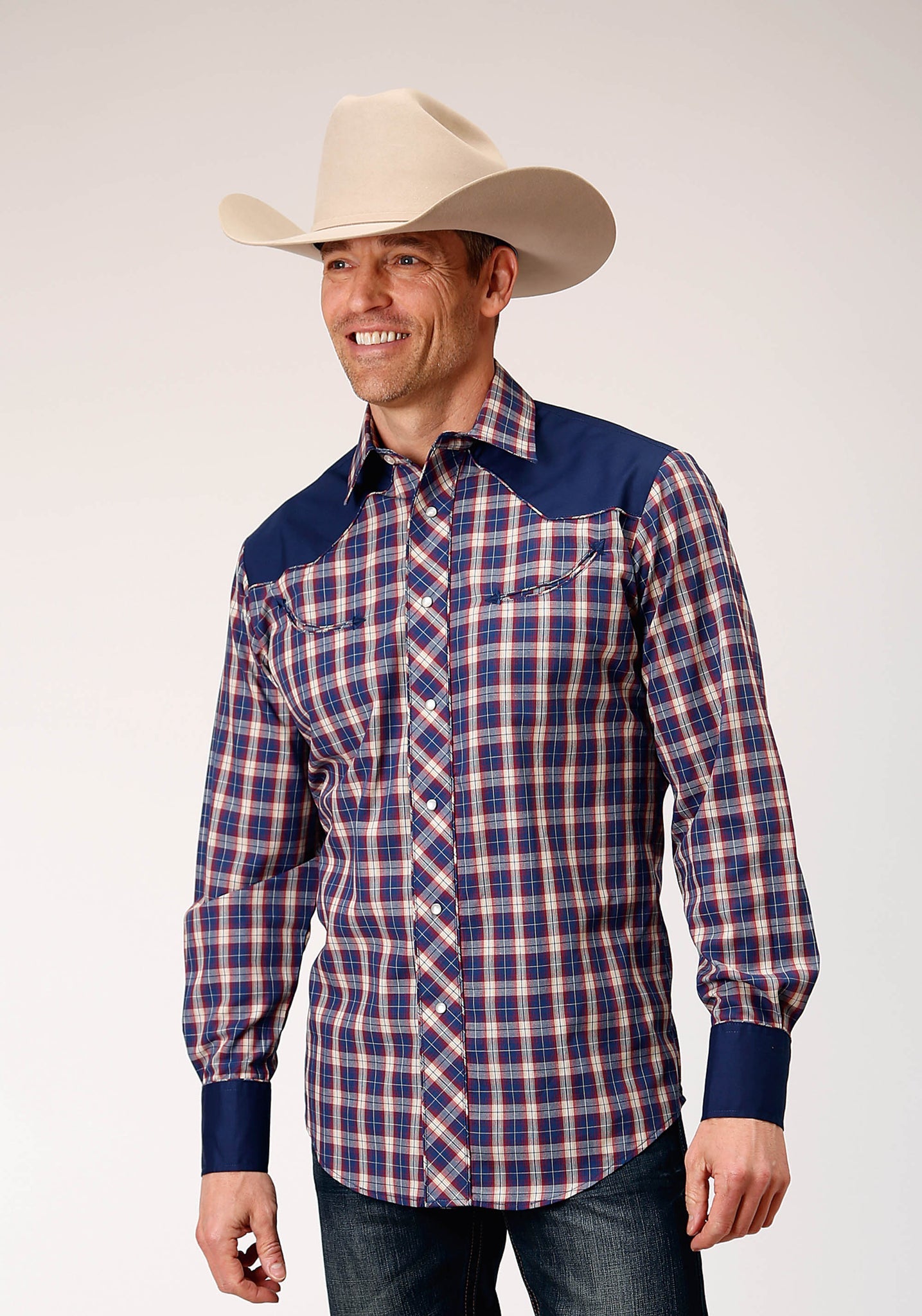 Roper Men's Long Sleeve Snap Navy Red Cream Plaid Western Shirt with Solid Yokes and Smile Pockets (01-001-0087-1062 BU)