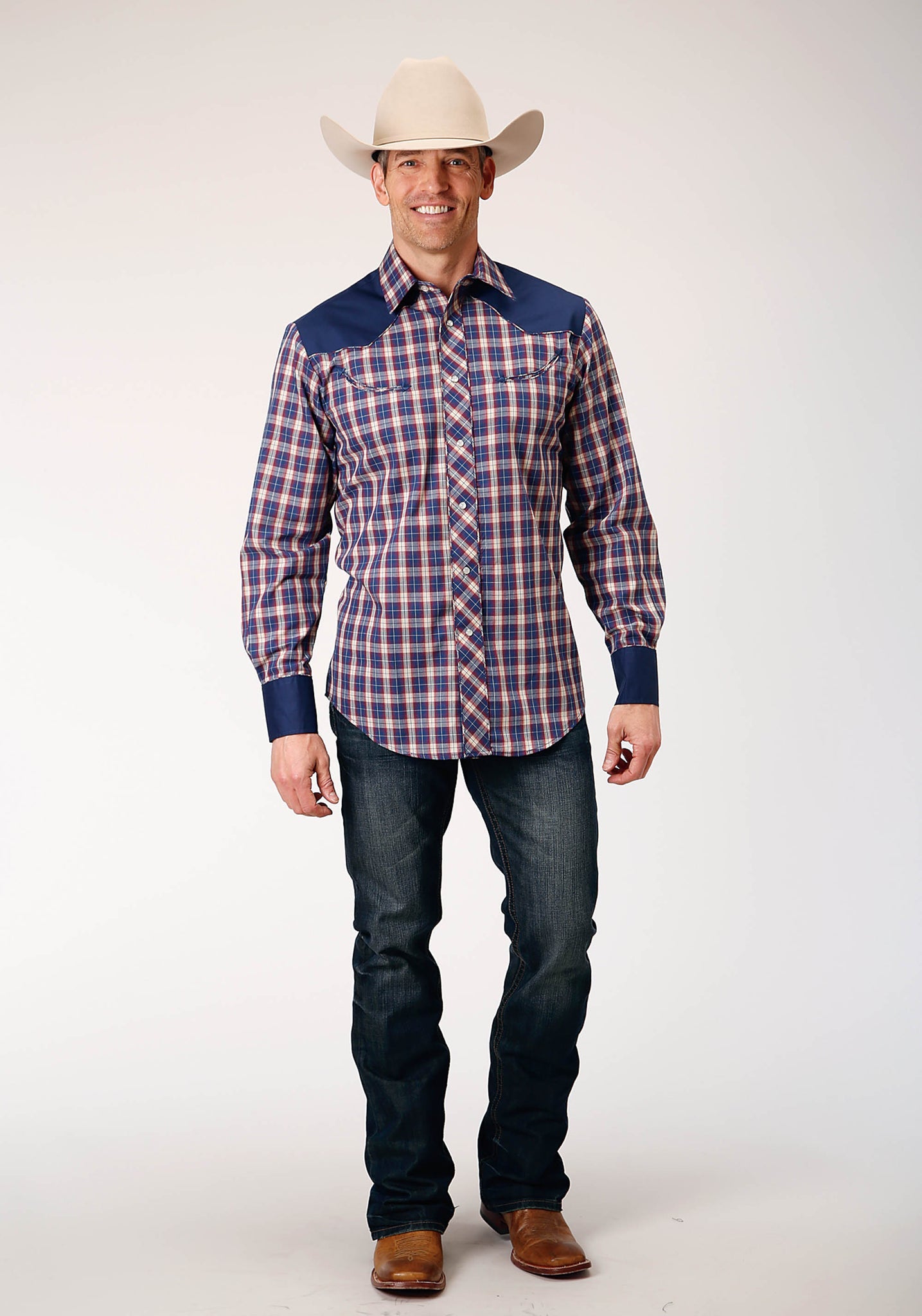 Roper Men's Long Sleeve Snap Navy Red Cream Plaid Western Shirt with Solid Yokes and Smile Pockets (01-001-0087-1062 BU)