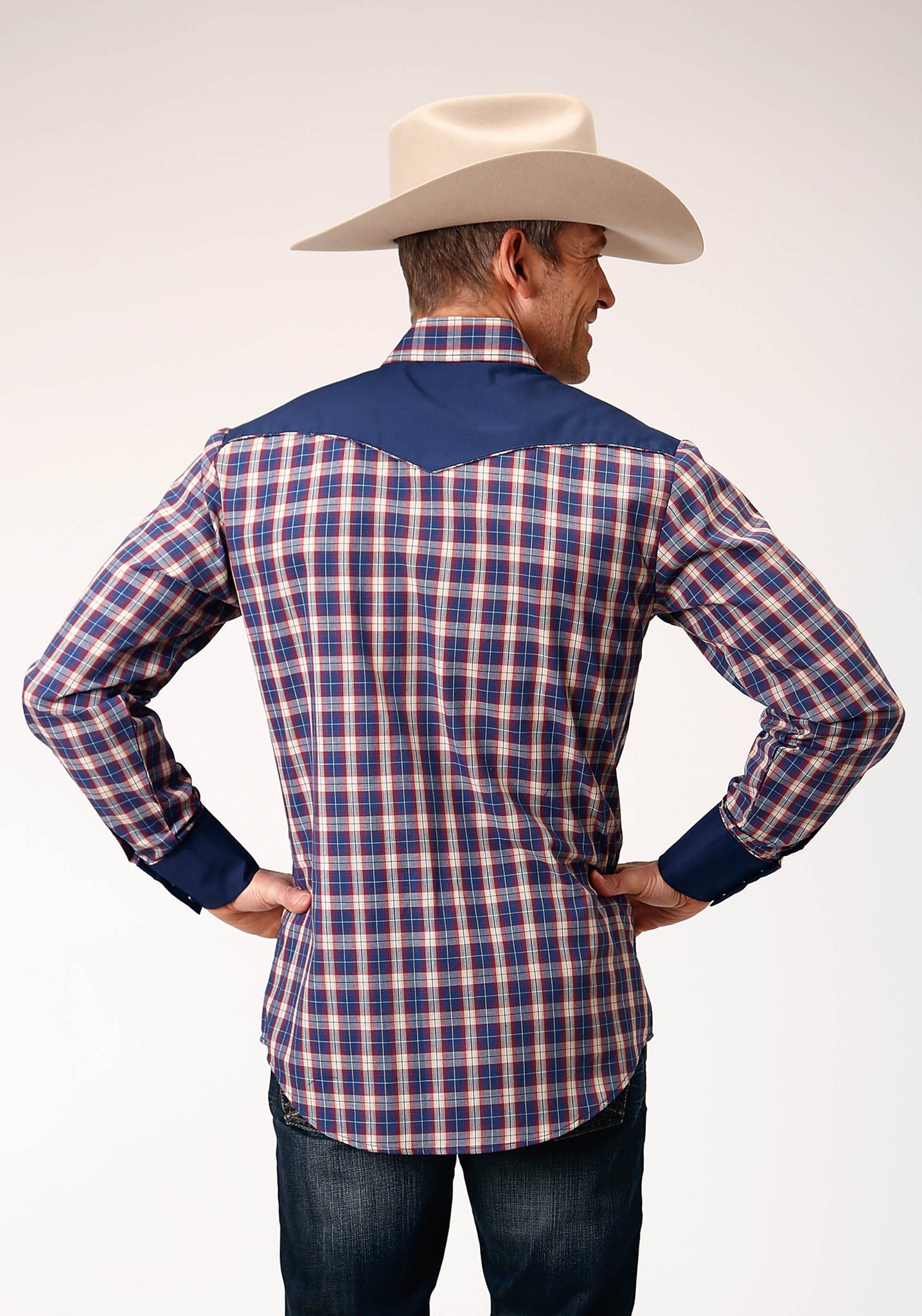 Roper Men's Long Sleeve Snap Navy Red Cream Plaid Western Shirt with Solid Yokes and Smile Pockets (01-001-0087-1062 BU)