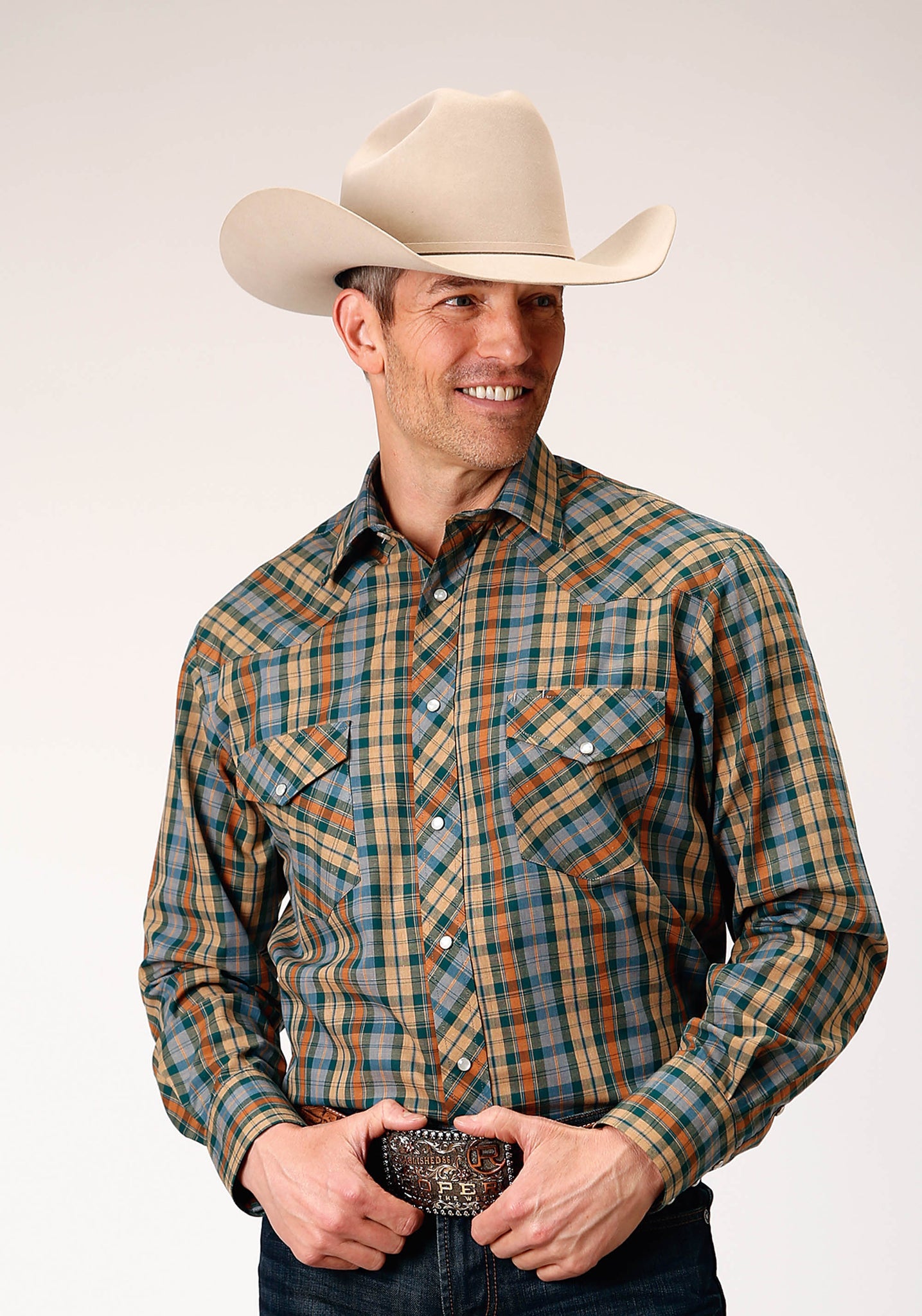 Roper Men's Long Sleeve Snap Green Rust Tan Small Scale Plaid Western Shirt (01-001-0101-1061 GR)