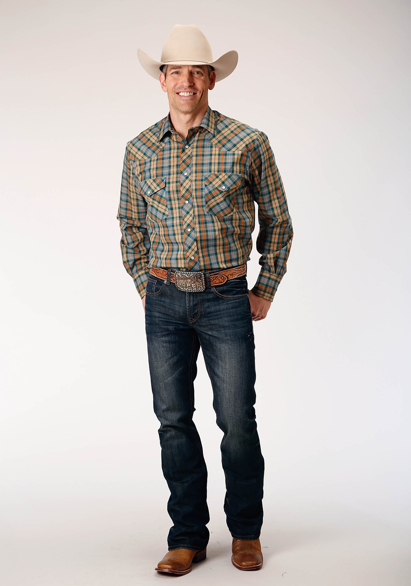 Roper Men's Long Sleeve Snap Green Rust Tan Small Scale Plaid Western Shirt (01-001-0101-1061 GR)