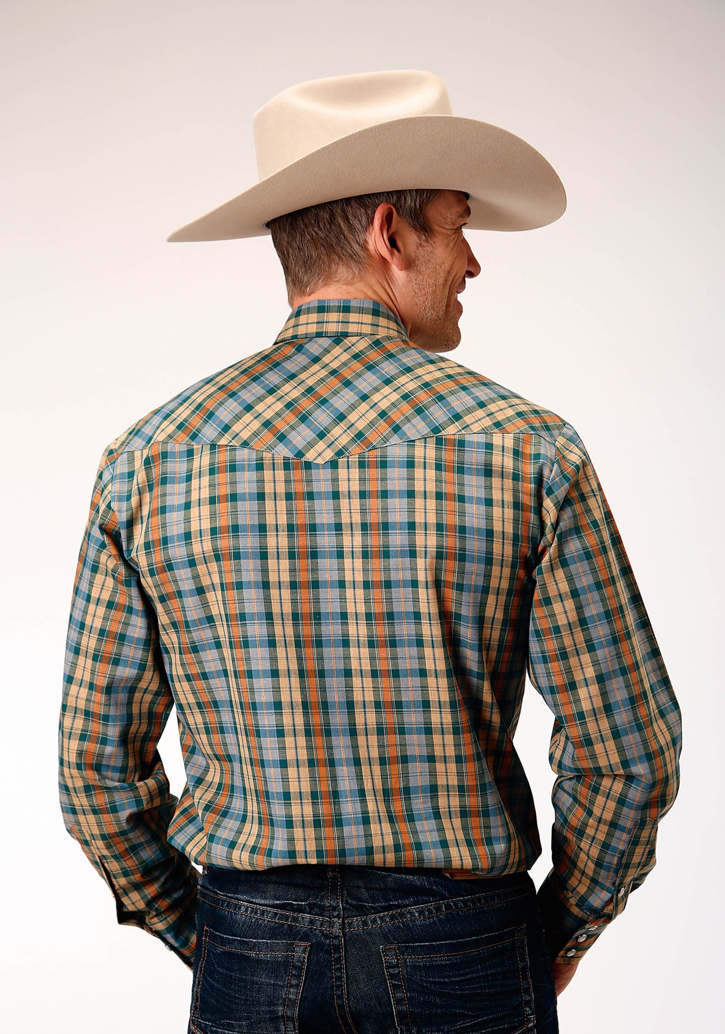 Roper Men's Long Sleeve Snap Green Rust Tan Small Scale Plaid Western Shirt (01-001-0101-1061 GR)