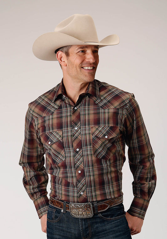 Camisa vaquera Roper de manga larga con broches a presión para hombre, con cuadros en marrón, negro y verde (01-001-0101-1064 BR)