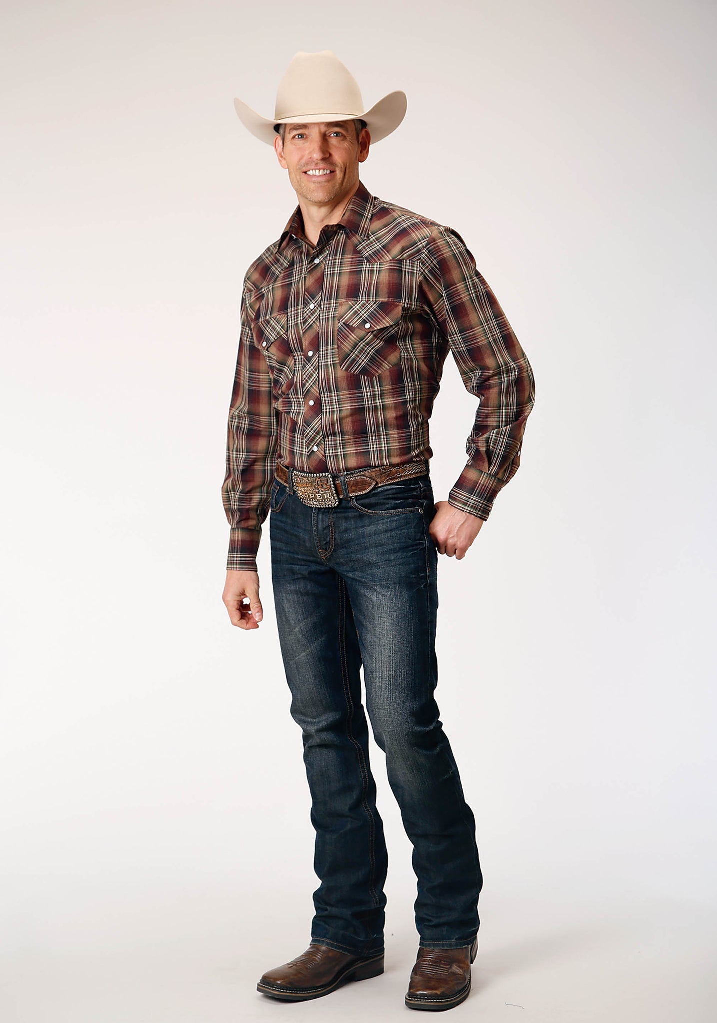 Roper Men's Long Sleeve Snap Multi Brown Black Green Plaid Western Shirt (01-001-0101-1064 BR)