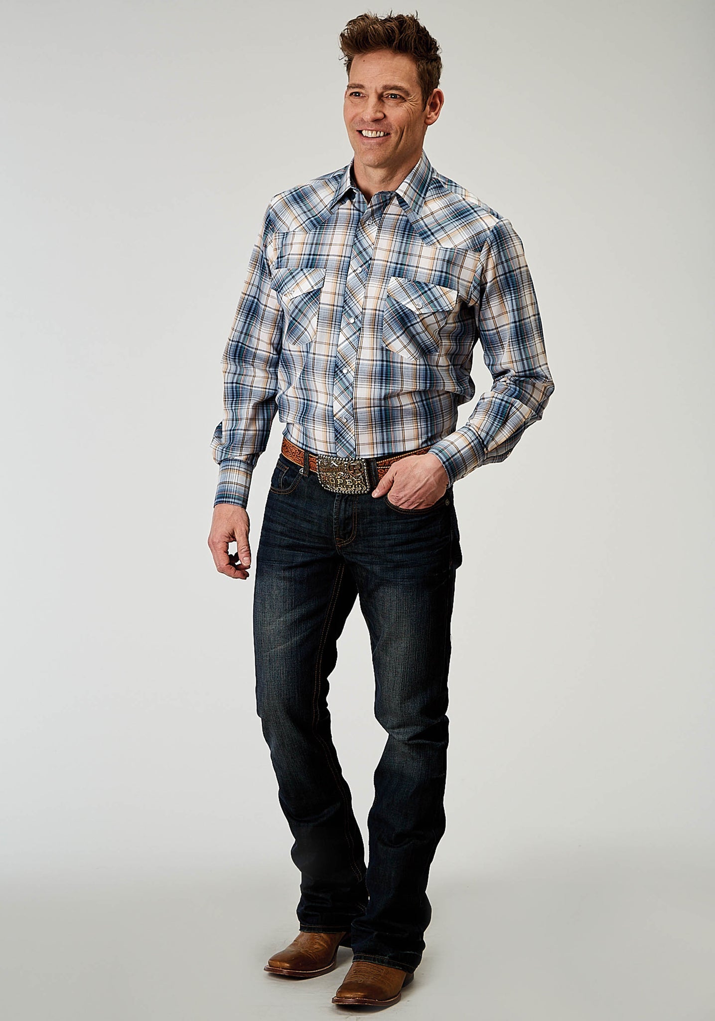Roper Men's Long Sleeve Snap Madras Plaid Western Shirt (01-001-0101-3004 BU)