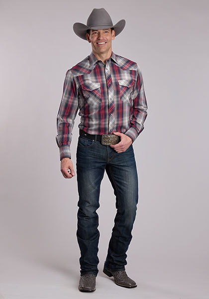 Roper Grey/Tan/Red Plaid Mens L/S Shirt (1-01-101-7014 GY)