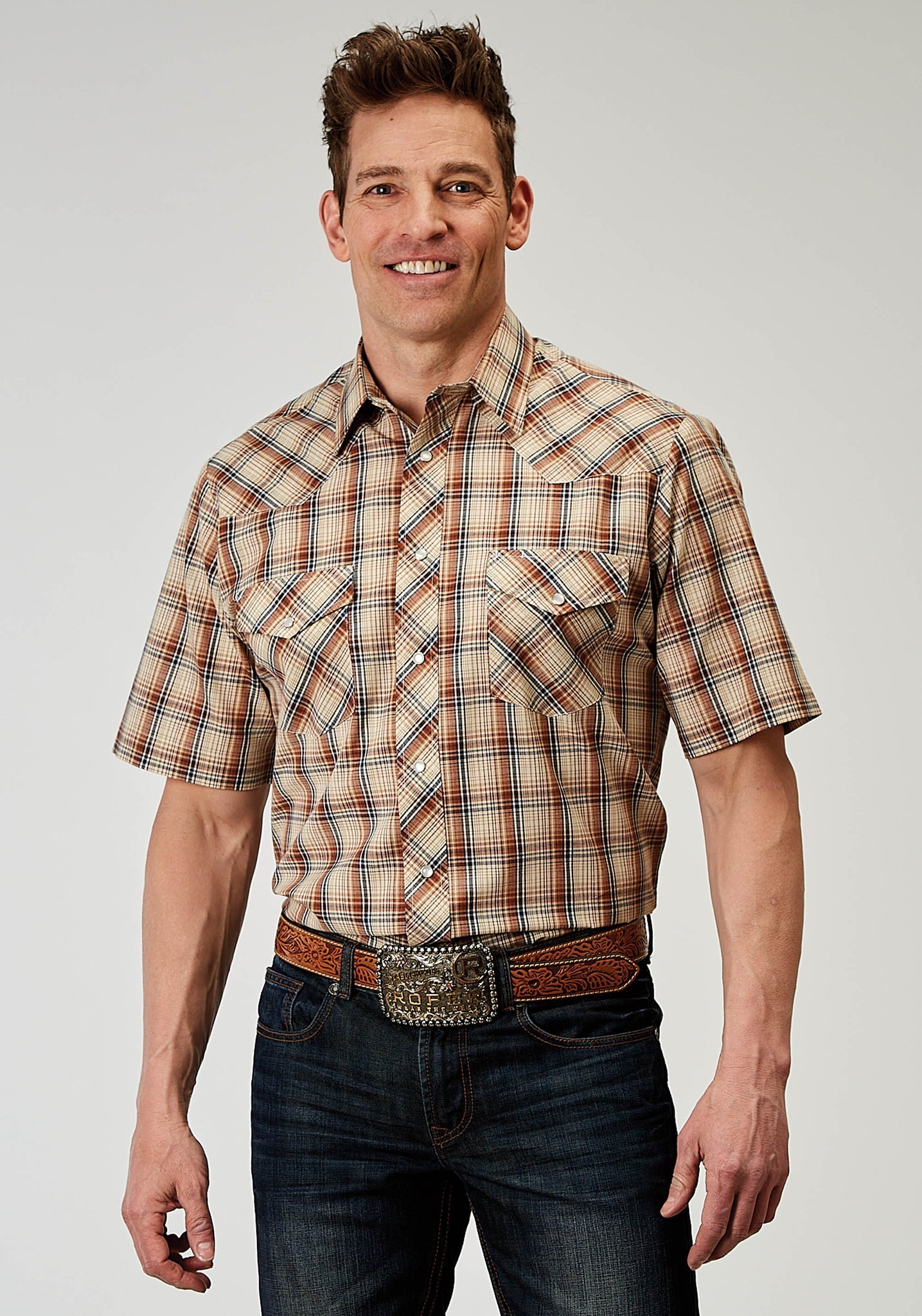 Roper Men's Short Sleeve Snap Brown Plaid Western Shirt (01-002-0101-3003 BR)