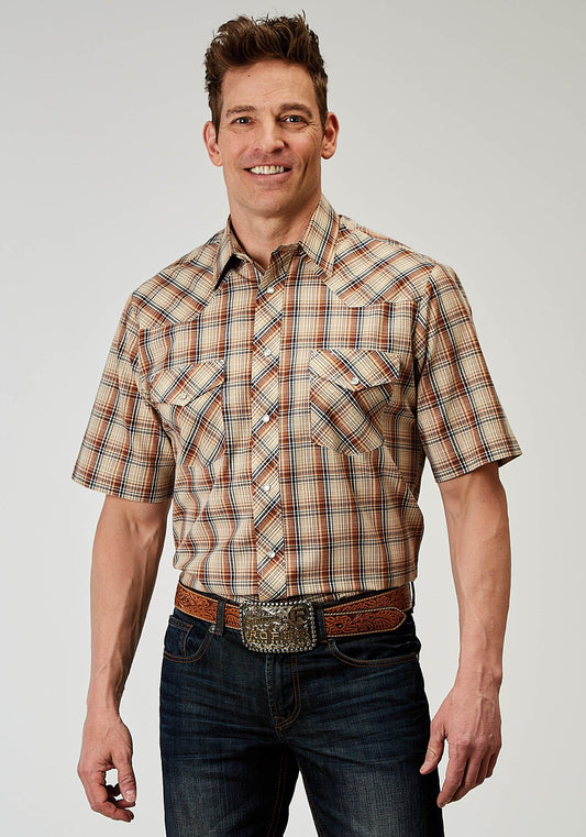 Roper Men's Short Sleeve Snap Brown Plaid Western Shirt (01-002-0101-3003 BR)