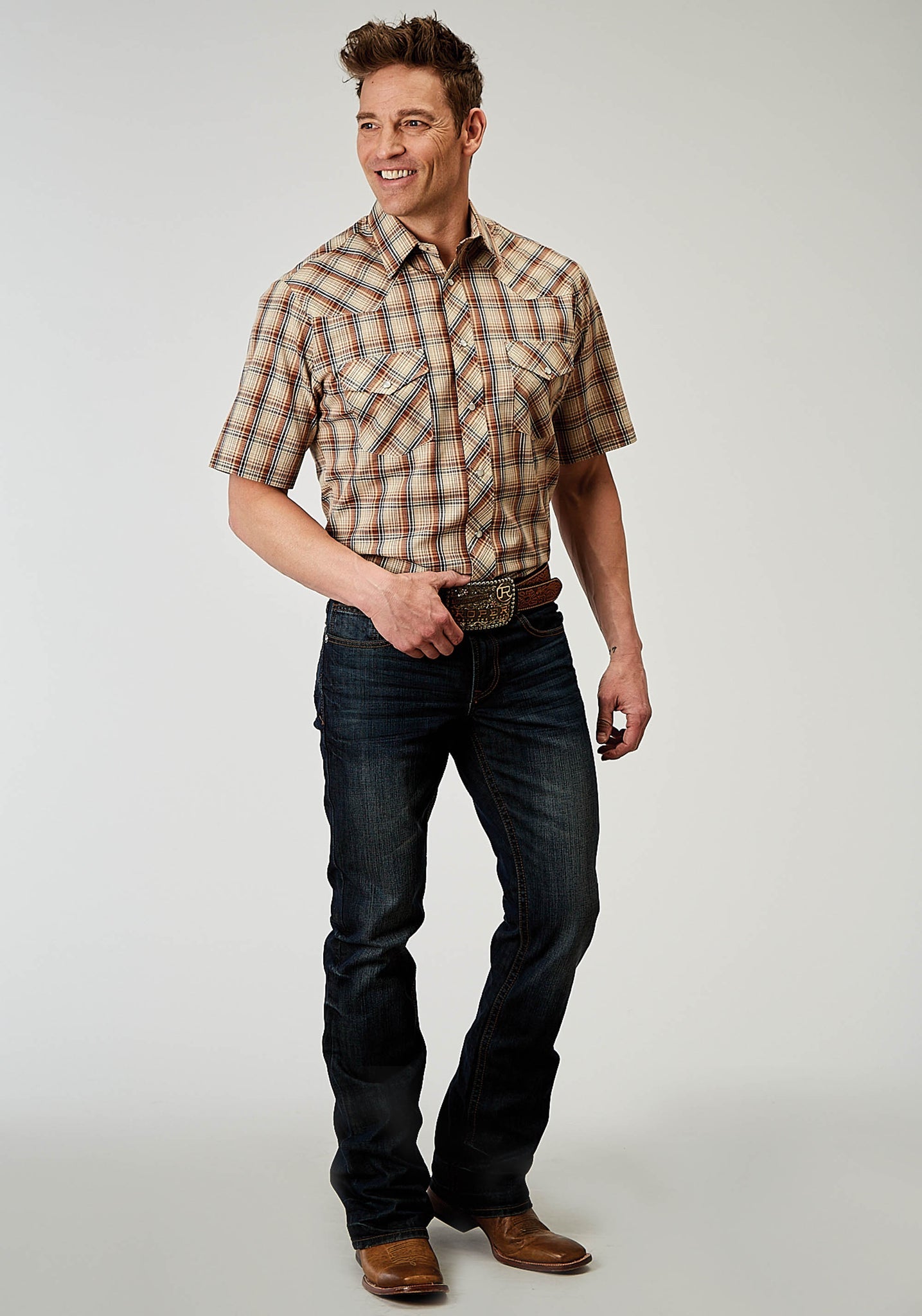 Roper Men's Short Sleeve Snap Brown Plaid Western Shirt (01-002-0101-3003 BR)