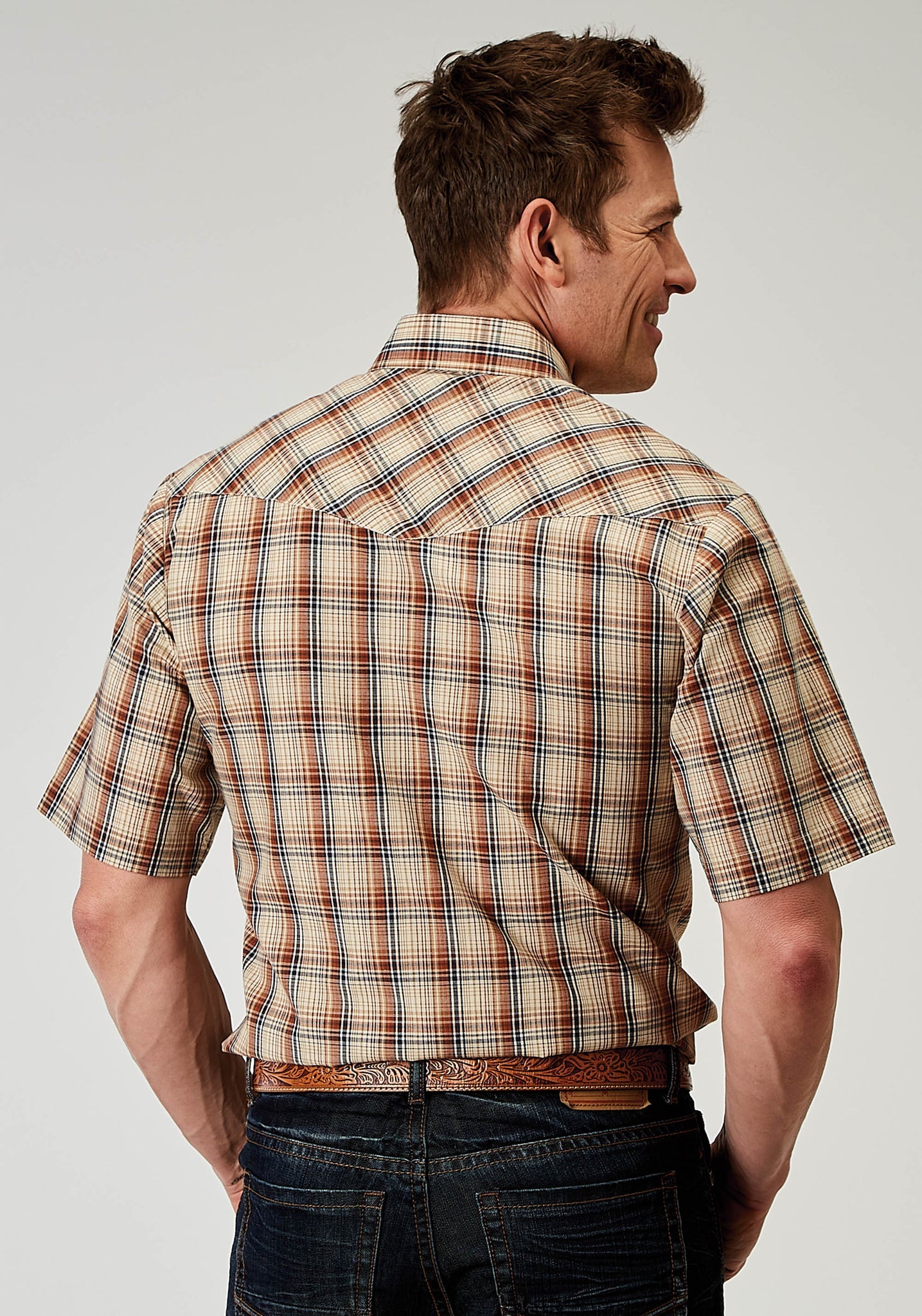 Roper Men's Short Sleeve Snap Brown Plaid Western Shirt (01-002-0101-3003 BR)