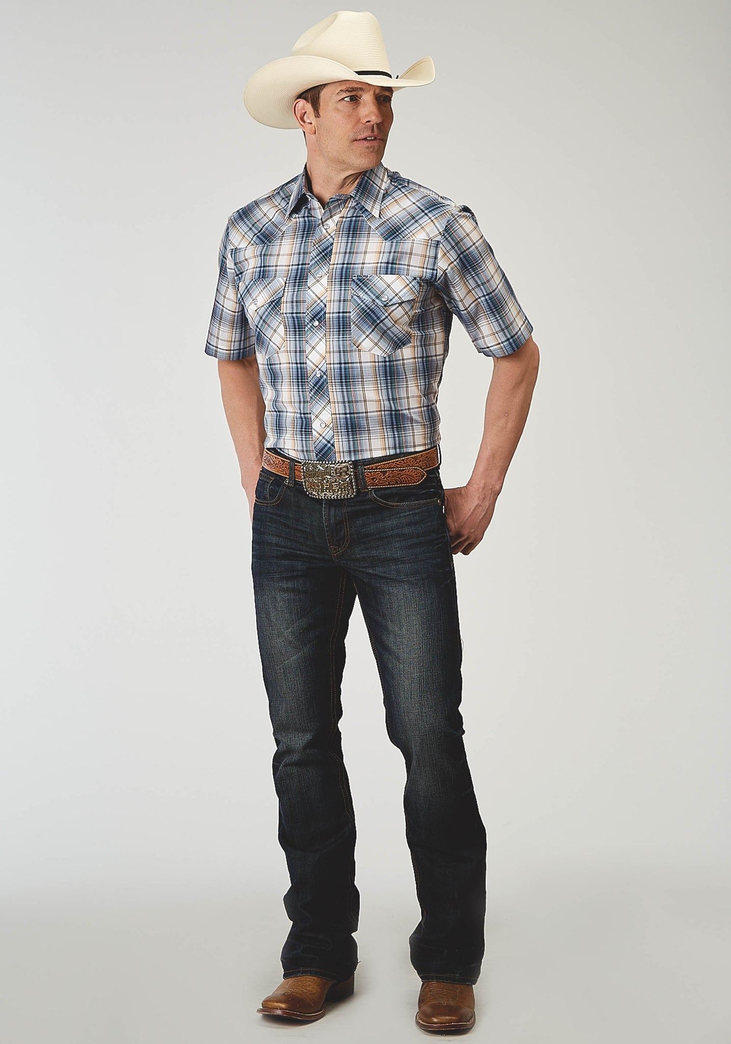 Roper Men's Short Sleeve Snap Madras Plaid Western Shirt (01-002-0101-3004 BU)