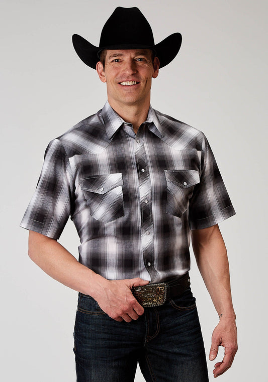 Roper Men's Short Sleeve Snap Black and White Plaid Western Shirt (01-002-0101-3005 BL)