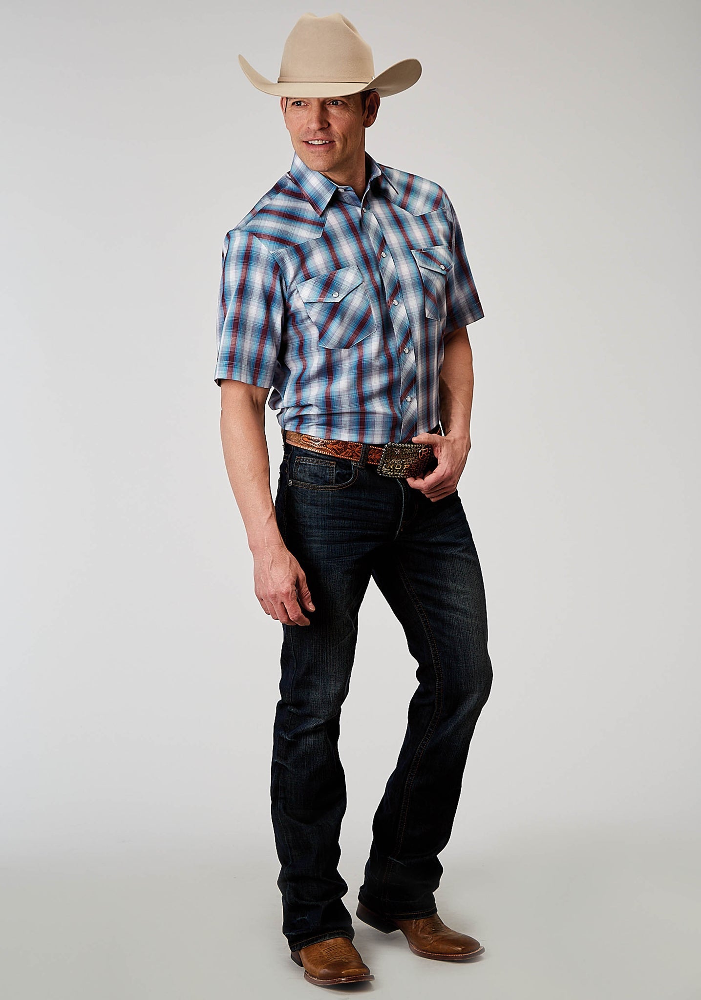Roper Men's Short Sleeve Snap Americana Plaid Western Shirt (01-002-0101-3006 GY)