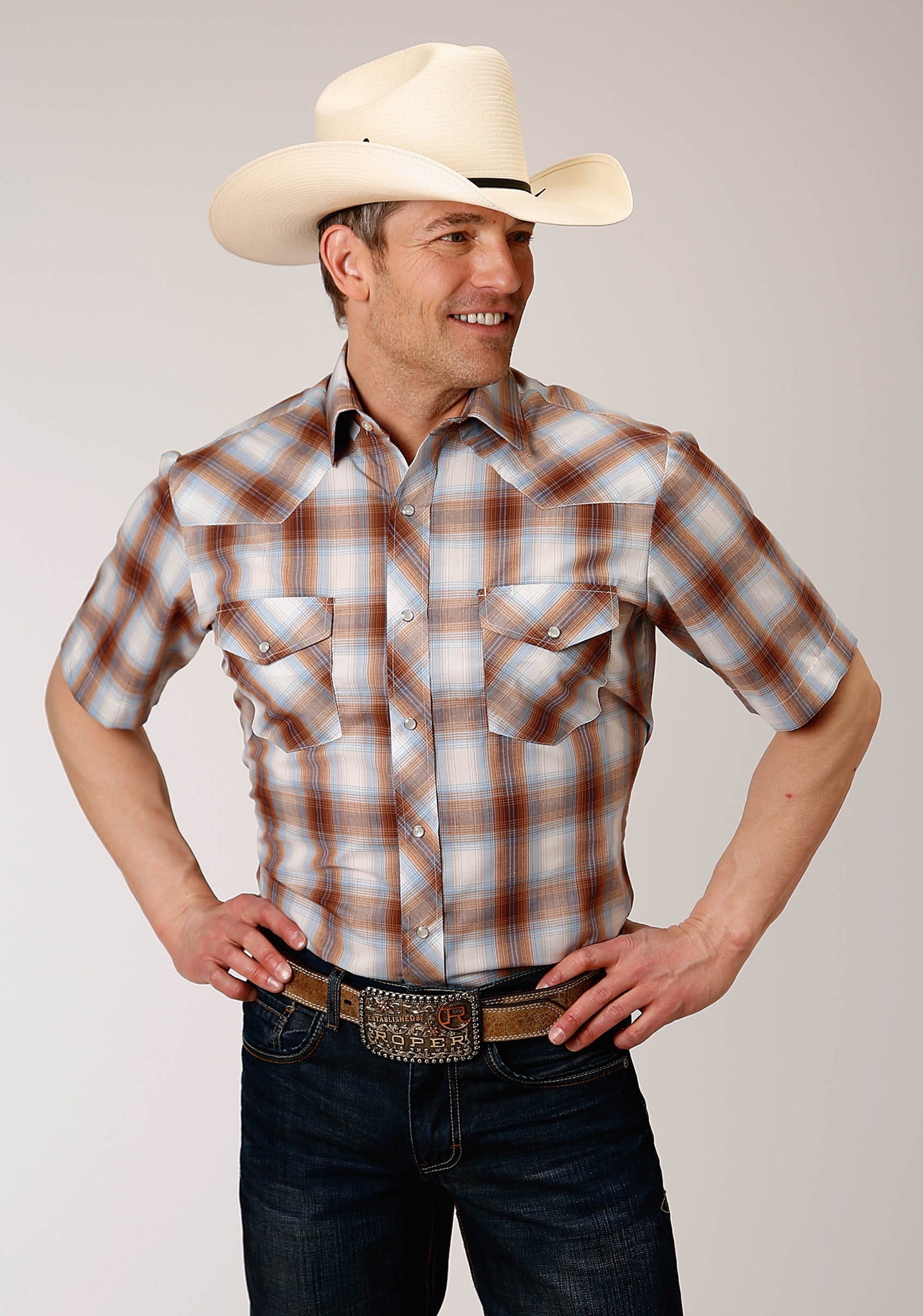Roper Men's Short Sleeve Snap Butterscotch Light Blue and Cream Plaid Western Shirt (01-002-0101-3055 BR)