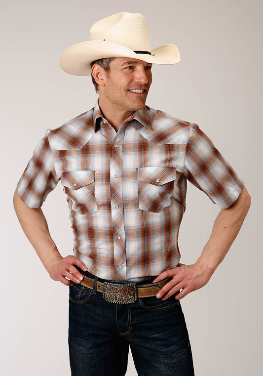 Camisa vaquera Roper de manga corta con broches a presión para hombre, color azul claro y crema (01-002-0101-3055 BR)