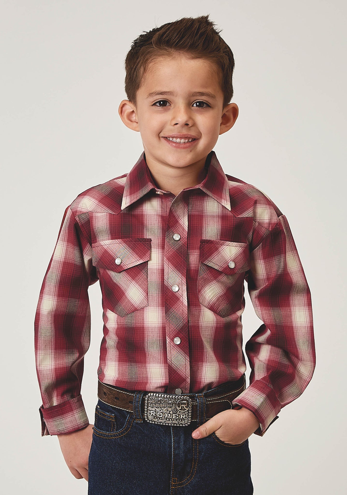 Roper Boy's Long Sleeve Snap Red Plaid Western Shirt (01-030-0101-3007 RE)