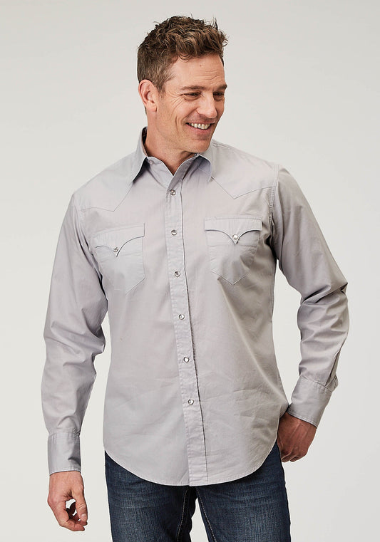 Camisa vaquera Roper de popelina gris lisa con cierre a presión y manga larga para hombre (03-001-0060-0324 GY)