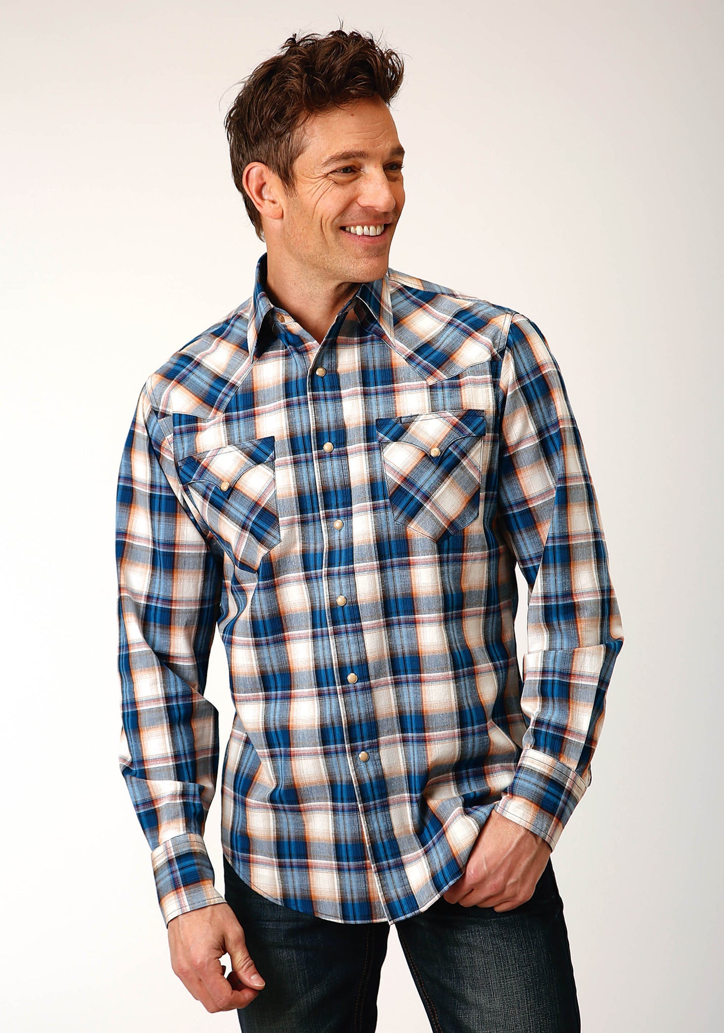 Roper Men's Long Sleeve Snap Denim Plaid Western Shirt (03-001-0062-0754 BU)