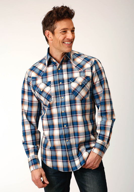Roper Men's Long Sleeve Snap Denim Plaid Western Shirt (03-001-0062-0754 BU)