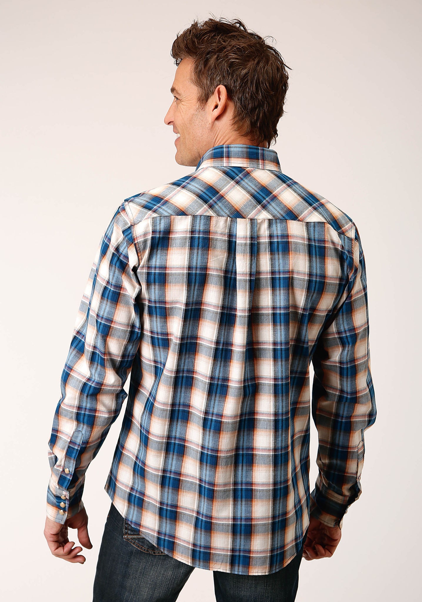 Roper Men's Long Sleeve Snap Denim Plaid Western Shirt (03-001-0062-0754 BU)