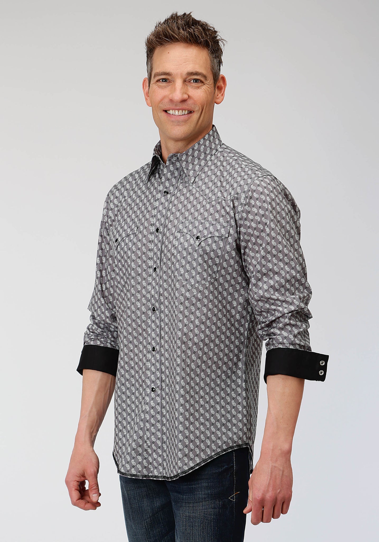 Camisa vaquera de manga larga con estampado paisley y broches Roper para hombre (03-001-0199-0340 GY)