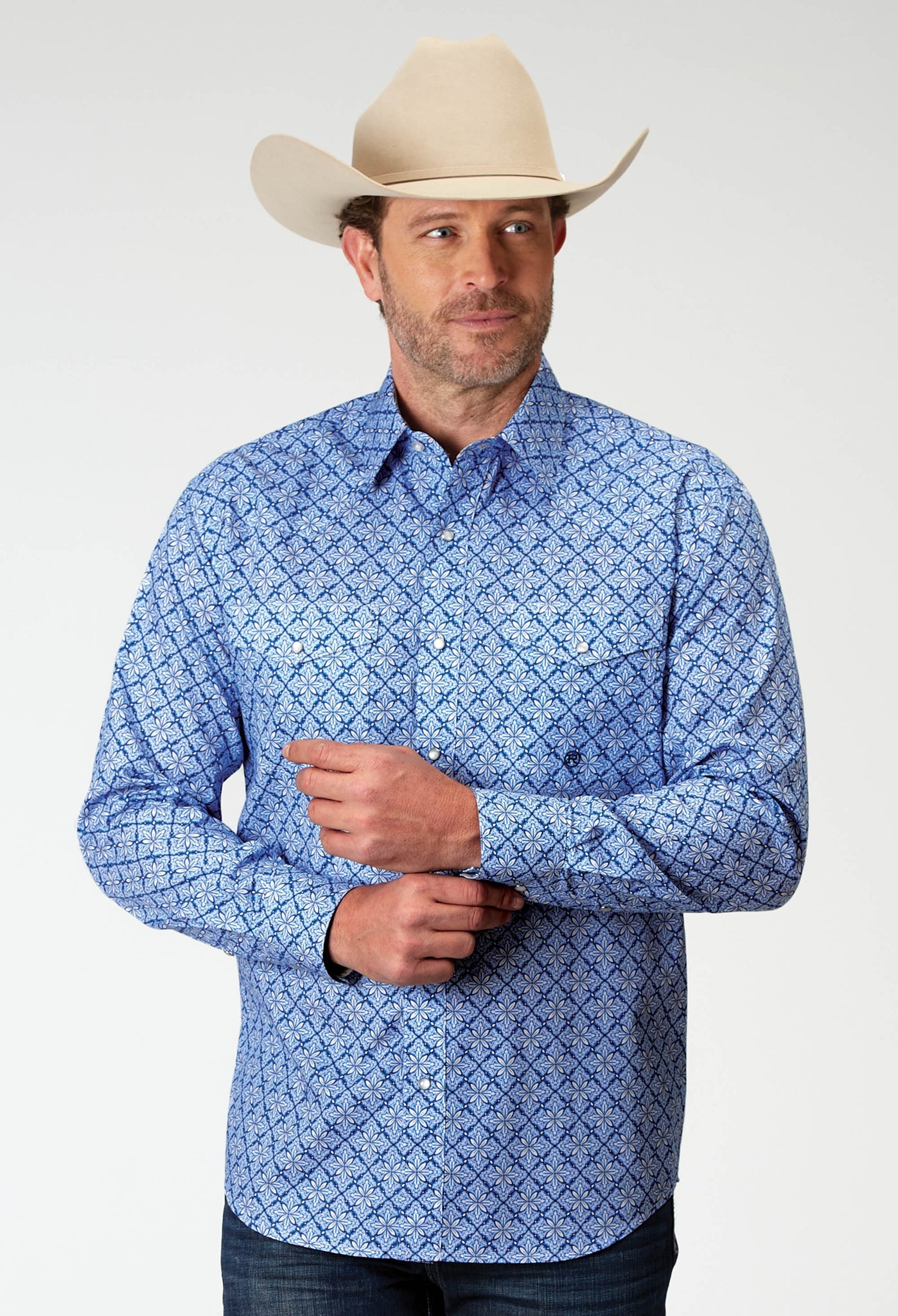 Camisa vaquera Roper de manga larga con broches y estampado de cielos azules para hombre (03-001-0225-2024 BU)