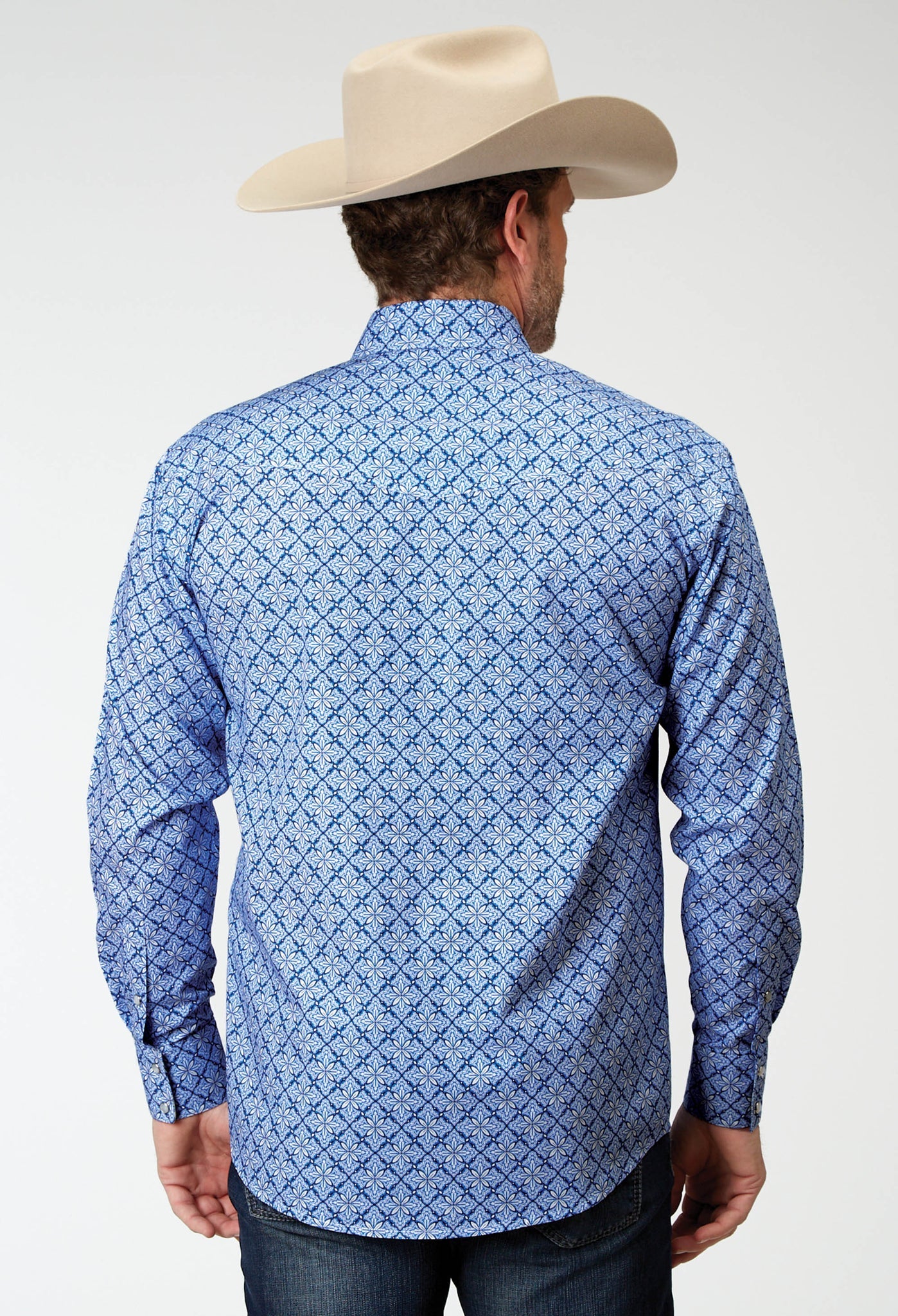 Camisa vaquera Roper de manga larga con broches y estampado de cielos azules para hombre (03-001-0225-2024 BU)