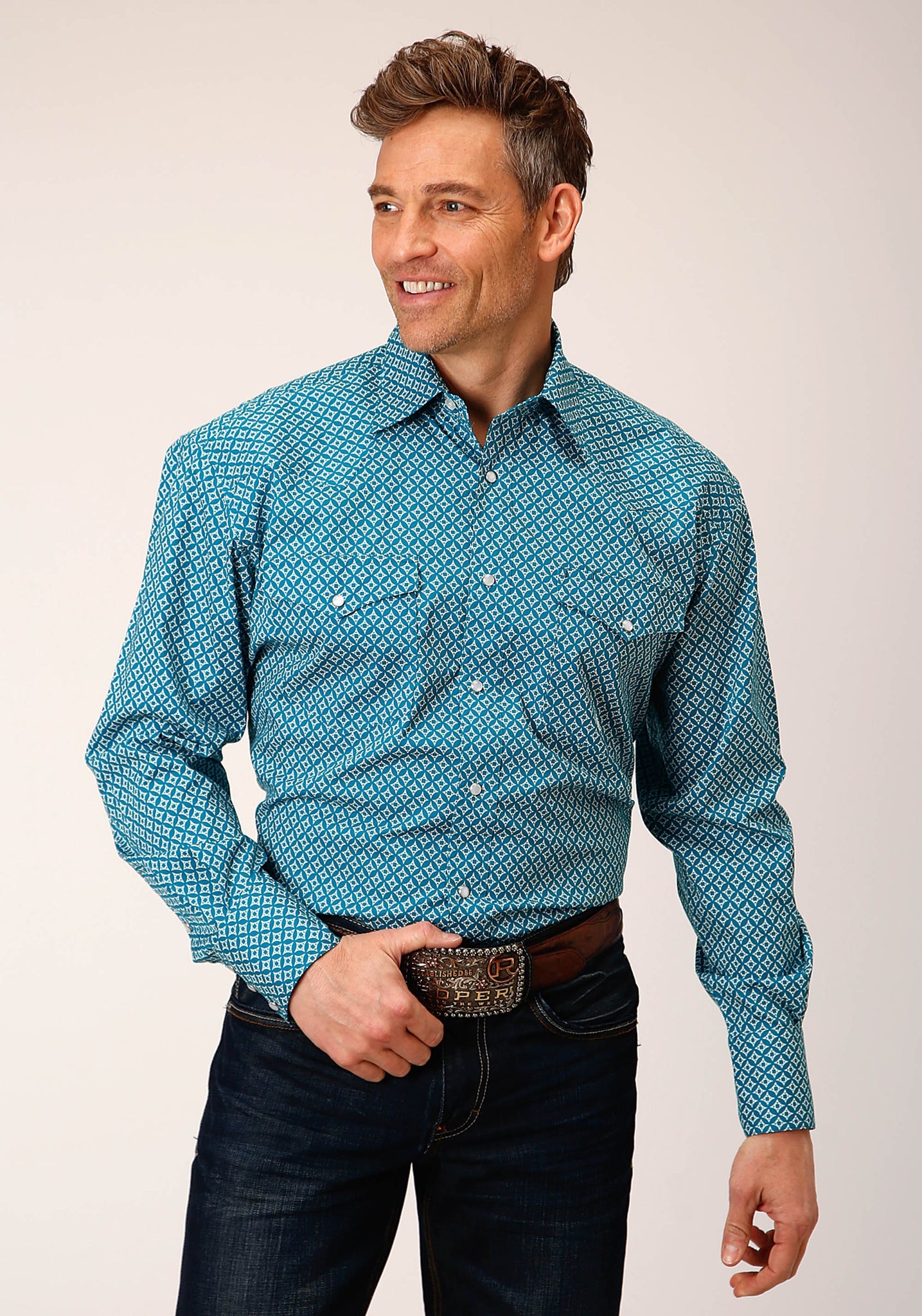 Roper Men's Long Sleeve Snap Diamond Print Turquoise Western Shirt (03-001-0225-6019 BU)