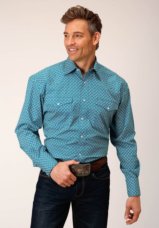 Roper Men's Long Sleeve Snap Diamond Print Turquoise Western Shirt (03-001-0225-6019 BU)