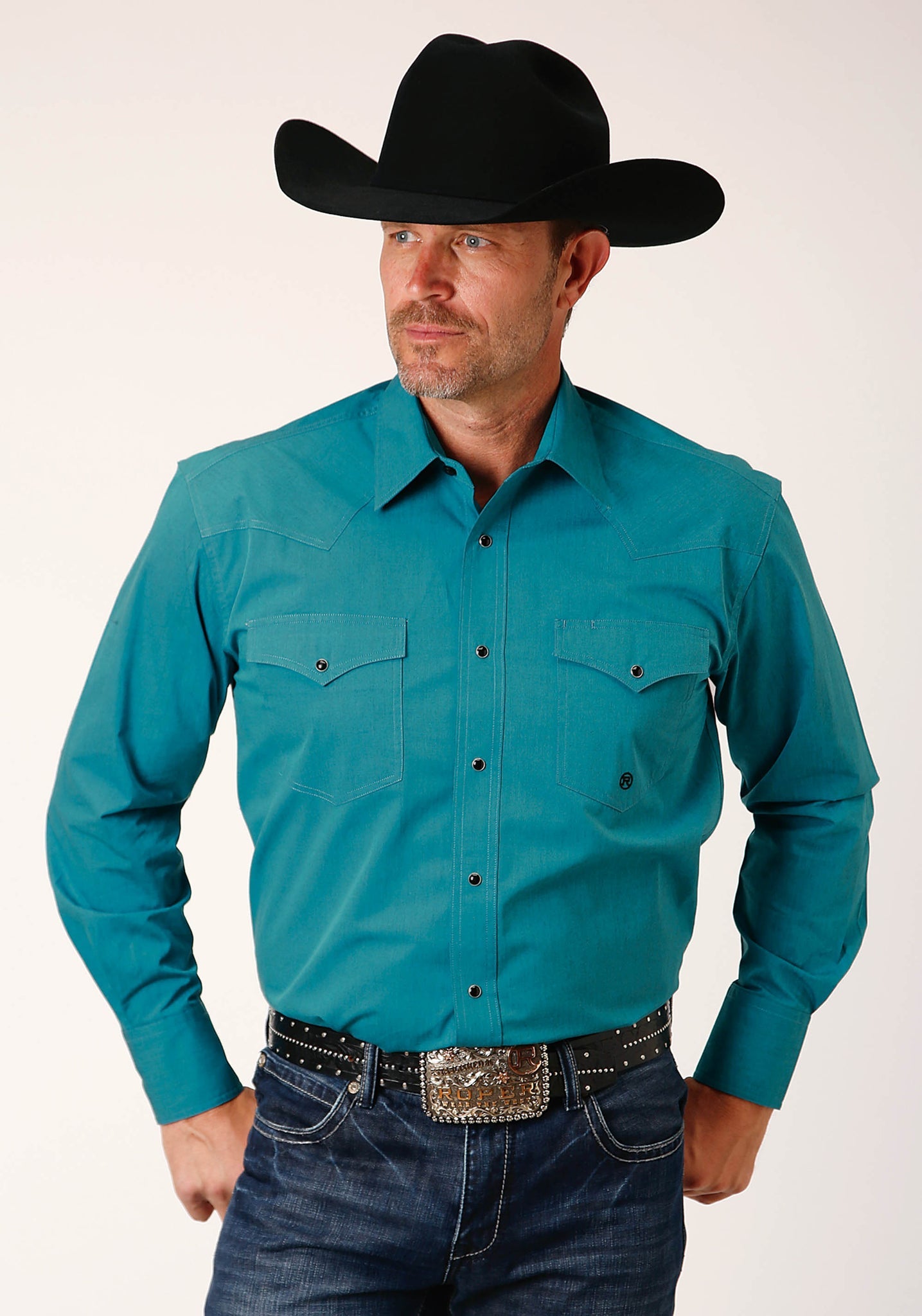 Roper Men's Long Sleeve Snap Black Fill Solid Teal Western Shirt (03-001-0265-0707 GR)