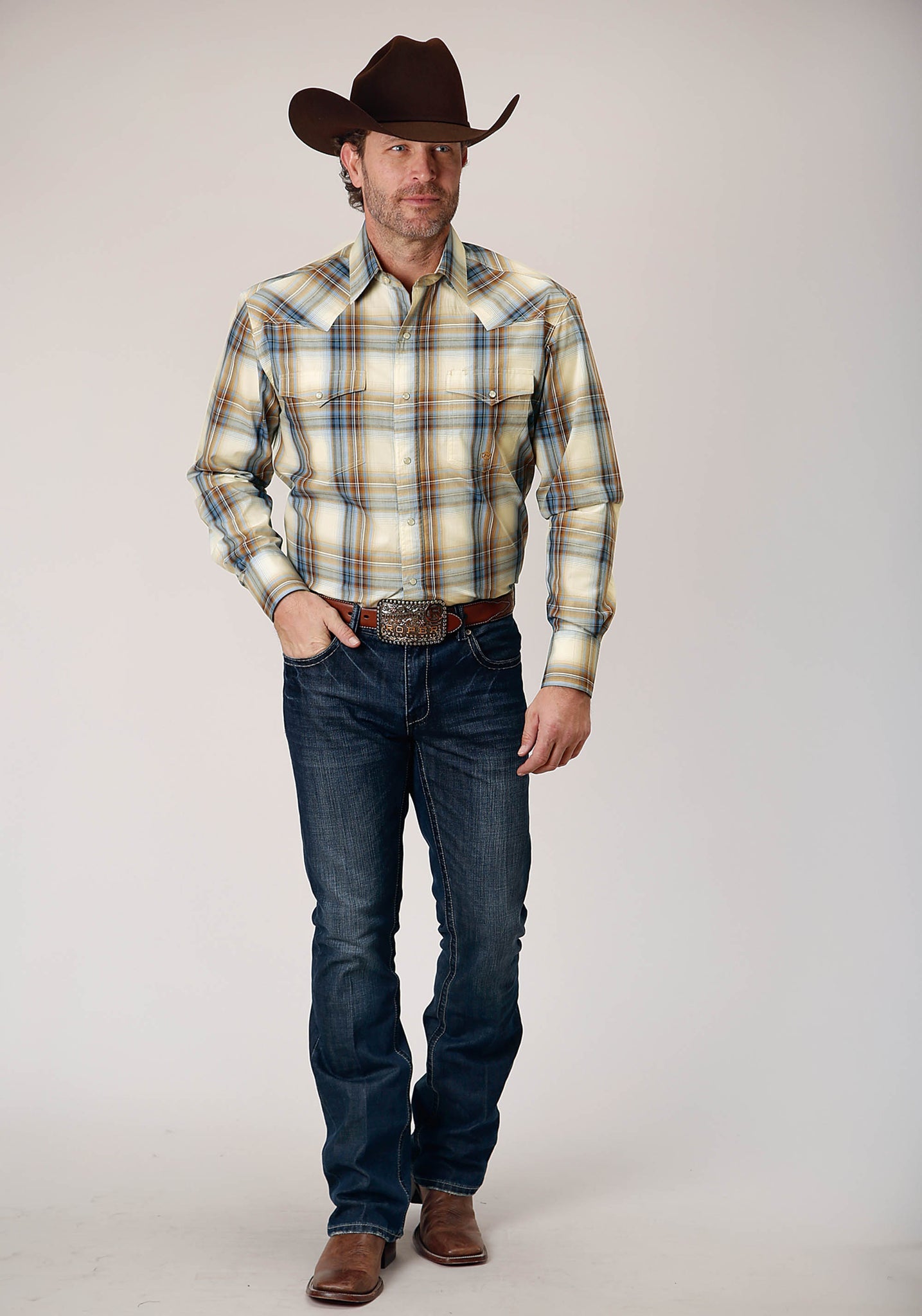 Roper Men's Long Sleeve Snap Desert Blue Plaid Western Shirt (03-001-0278-1051 BU)