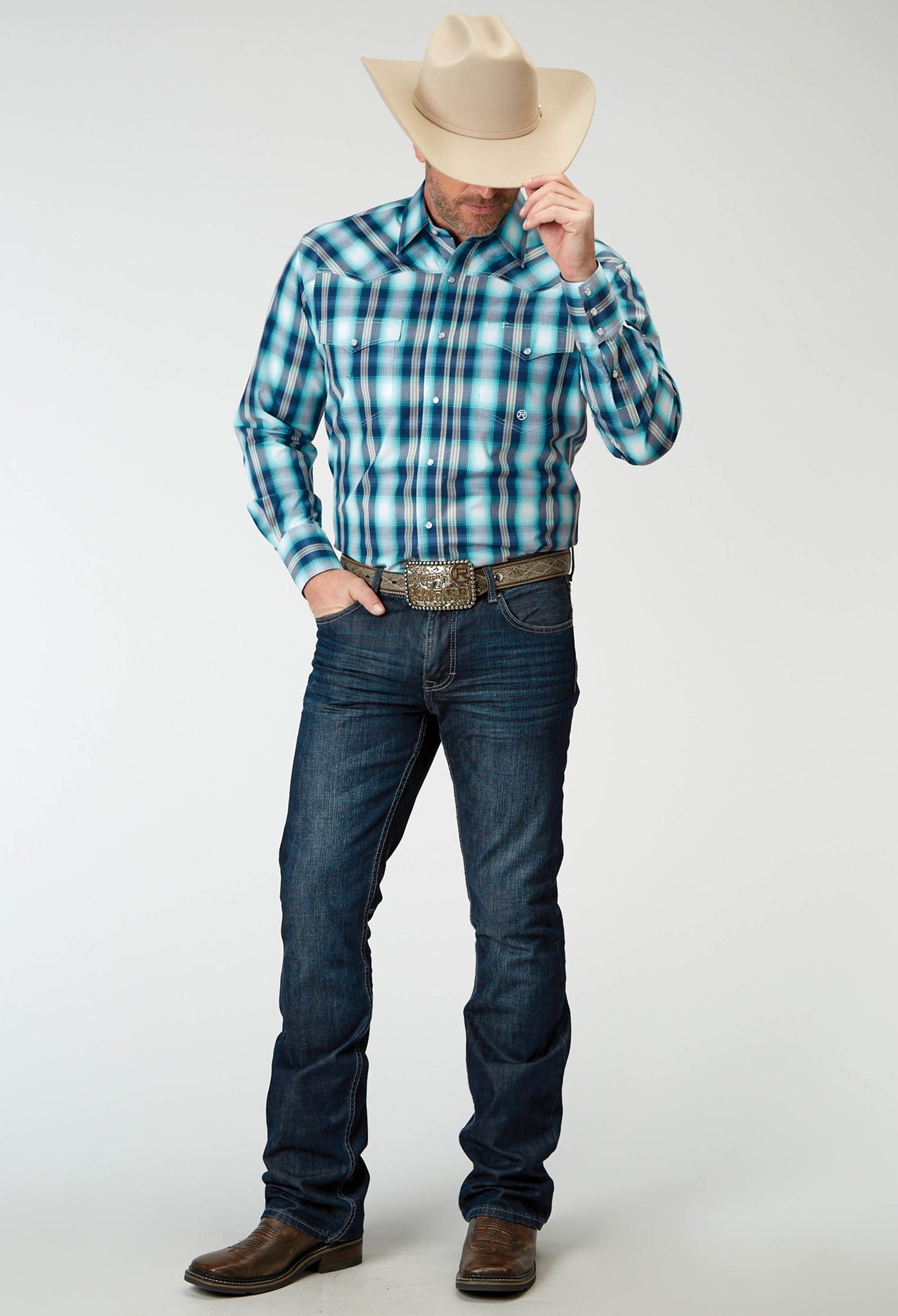 Roper Men's Long Sleeve Snap Cool Breeze Plaid Western Shirt (03-001-0278-2094 BU)