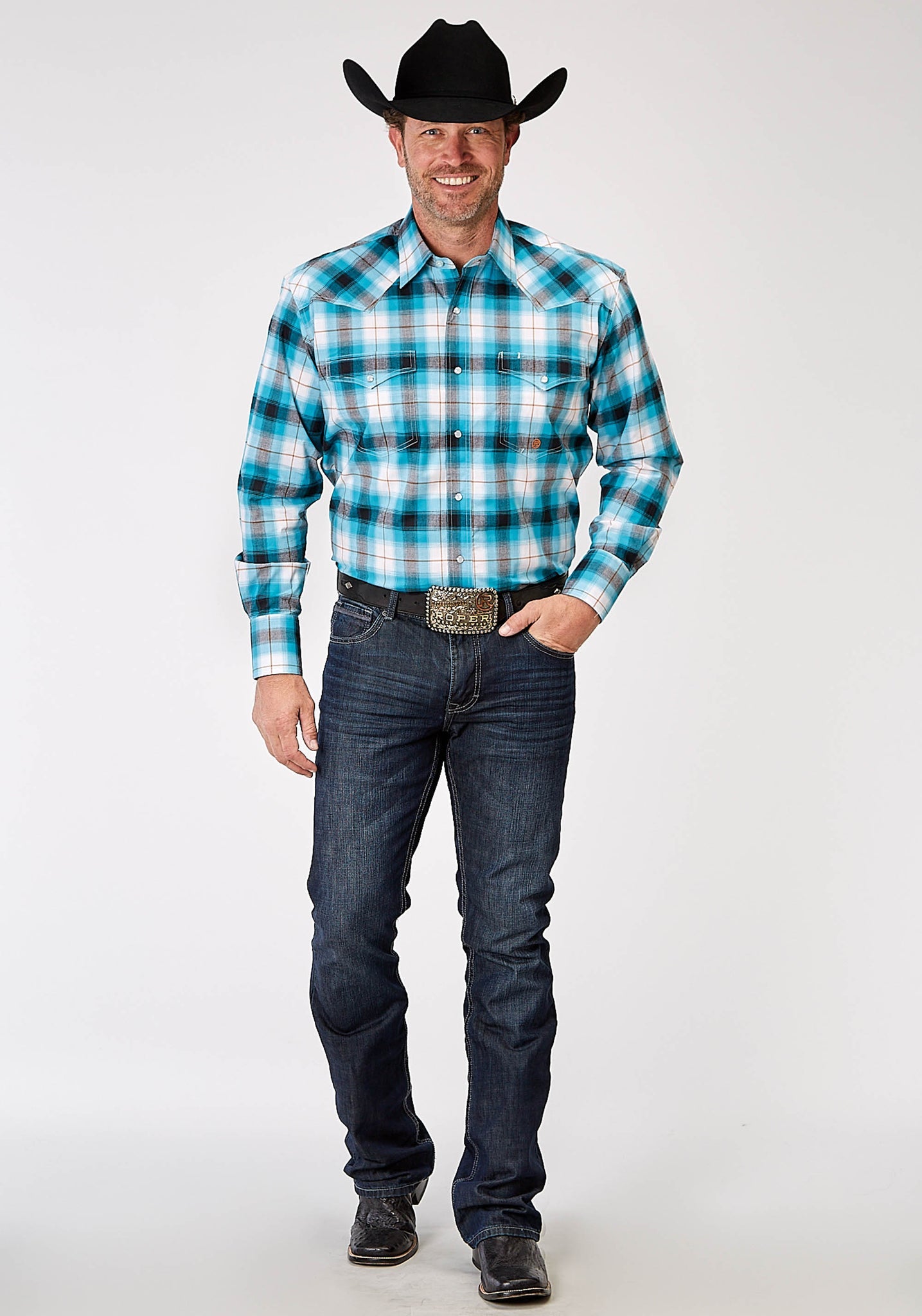Roper Men's Long Sleeve Snap Stretch Poplin Turquoise Plaid Western Shirt (03-001-0278-2111 BU)