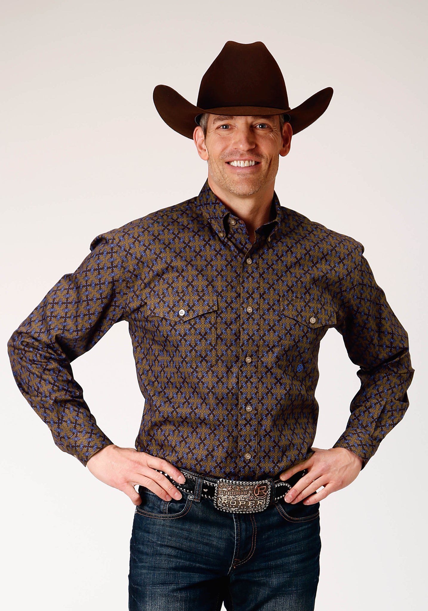 Camisa vaquera Roper de manga larga con botones y medallón de diamantes para hombre (03-001-0325-1004 BR)