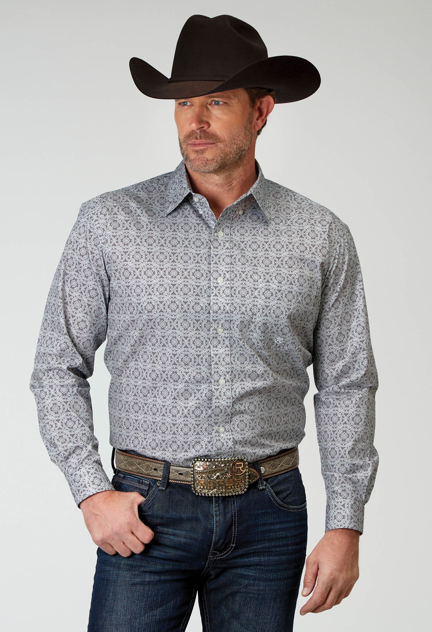 Roper Men's Long Sleeve Button Silver Medallion Western Shirt (03-001-0326-2026 GY)