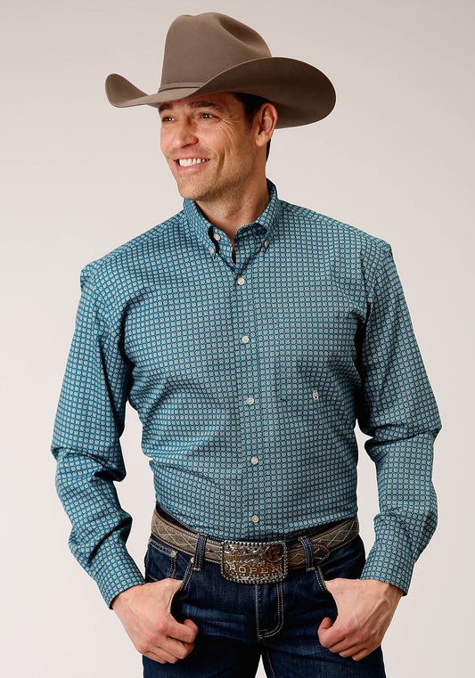 Roper Men's Long Sleeve Button Azure Neat Western Shirt (03-001-0326-6006 BU)