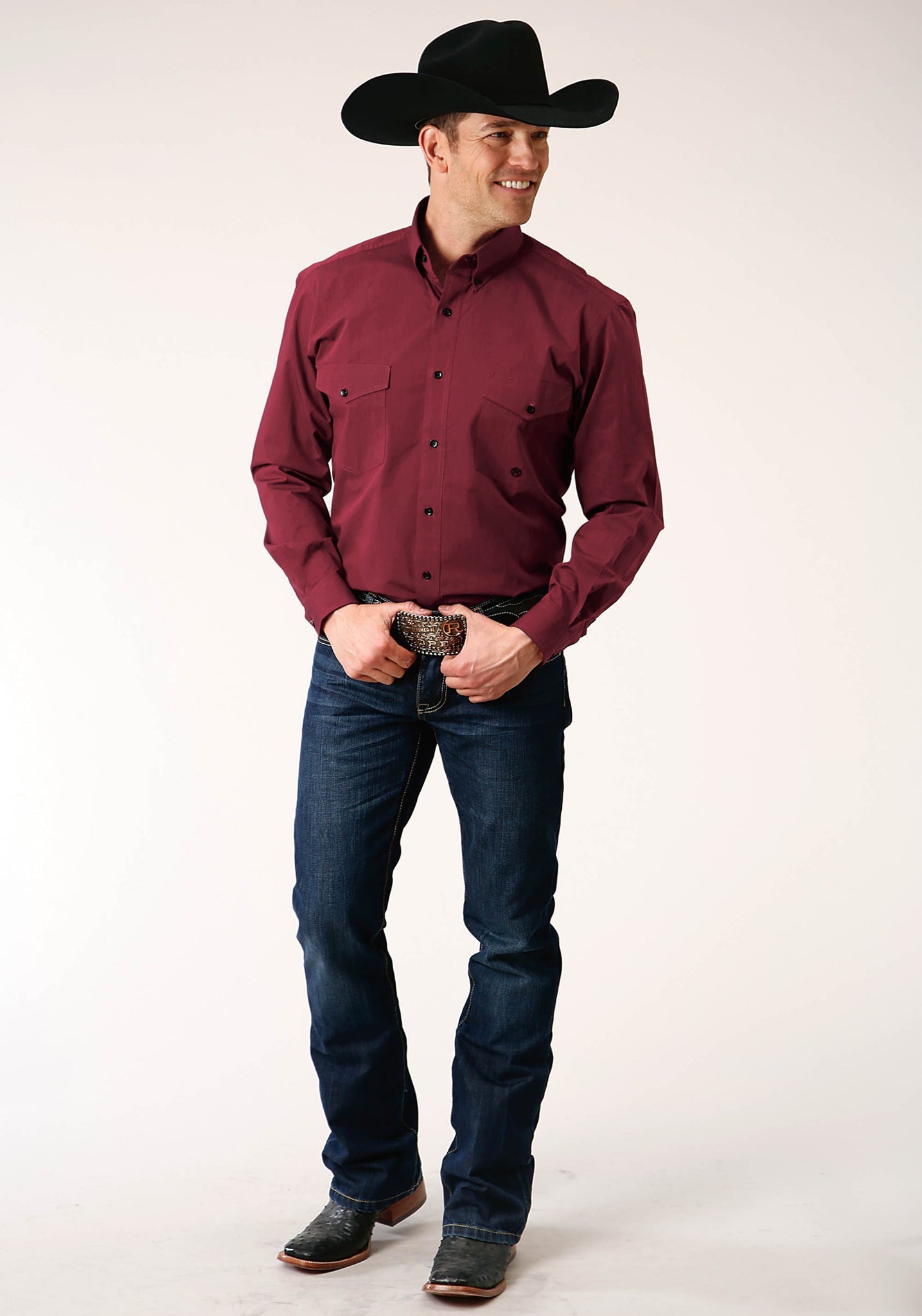 Roper Men's Long Sleeve Button Black Fill Solid Wine Western Shirt (03-001-0365-0706 WI)