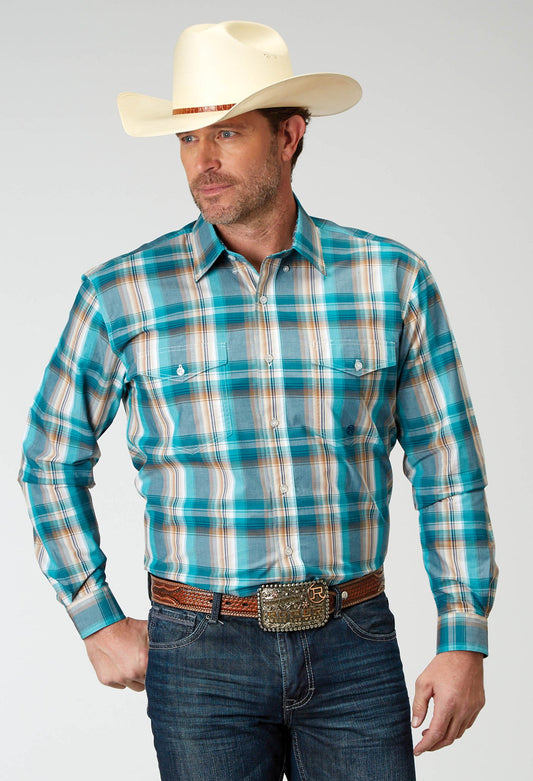 Camisa vaquera Roper de manga larga con botones y borde de agua a cuadros para hombre (03-001-0378-2095 MU)