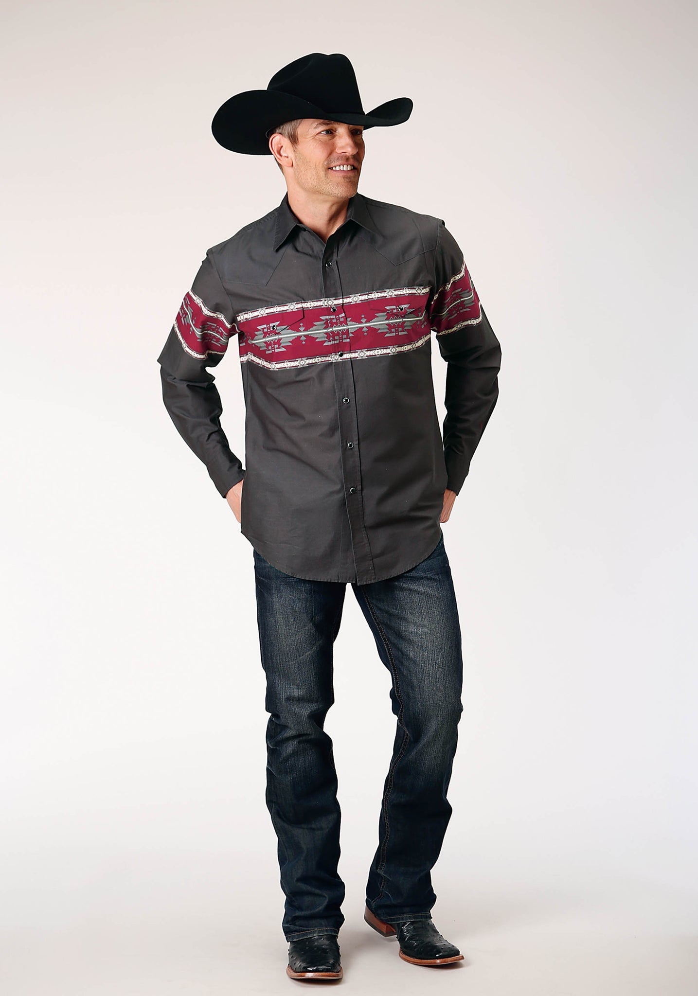 Roper Men's Long Sleeve Snap Aztec Border Western Shirt (03-001-0431-0107 BL)