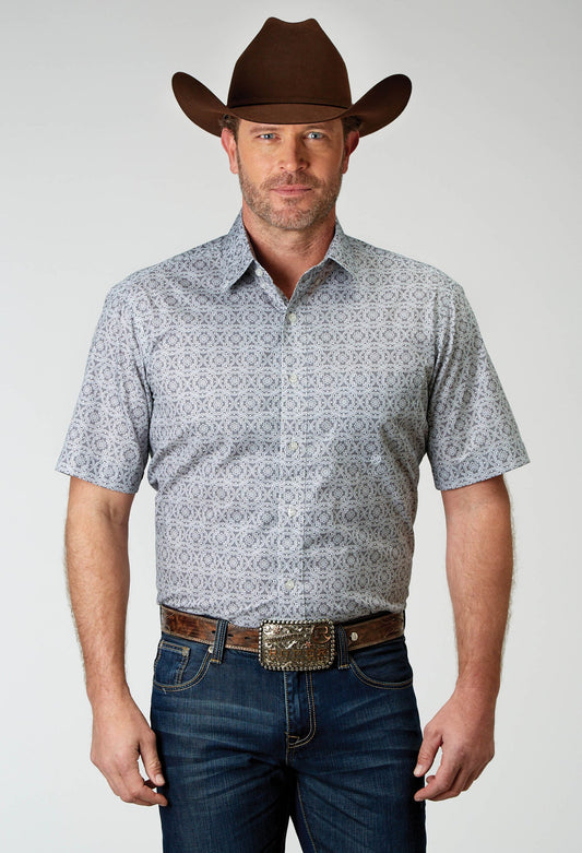 Camisa vaquera Roper de manga corta con botones y medallón plateado para hombre (03-002-0326-2026 GY)
