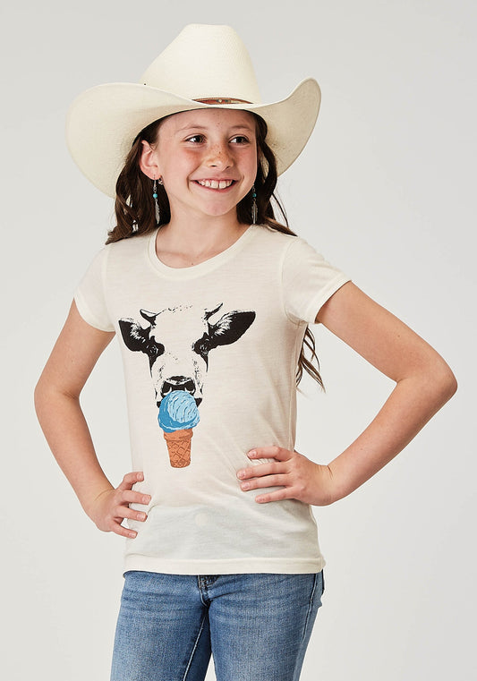 Camiseta Roper de manga corta para niña, de poliéster y rayón color crema, estilo western, con decoración serigrafiada (03-009-0513-2020 WH)