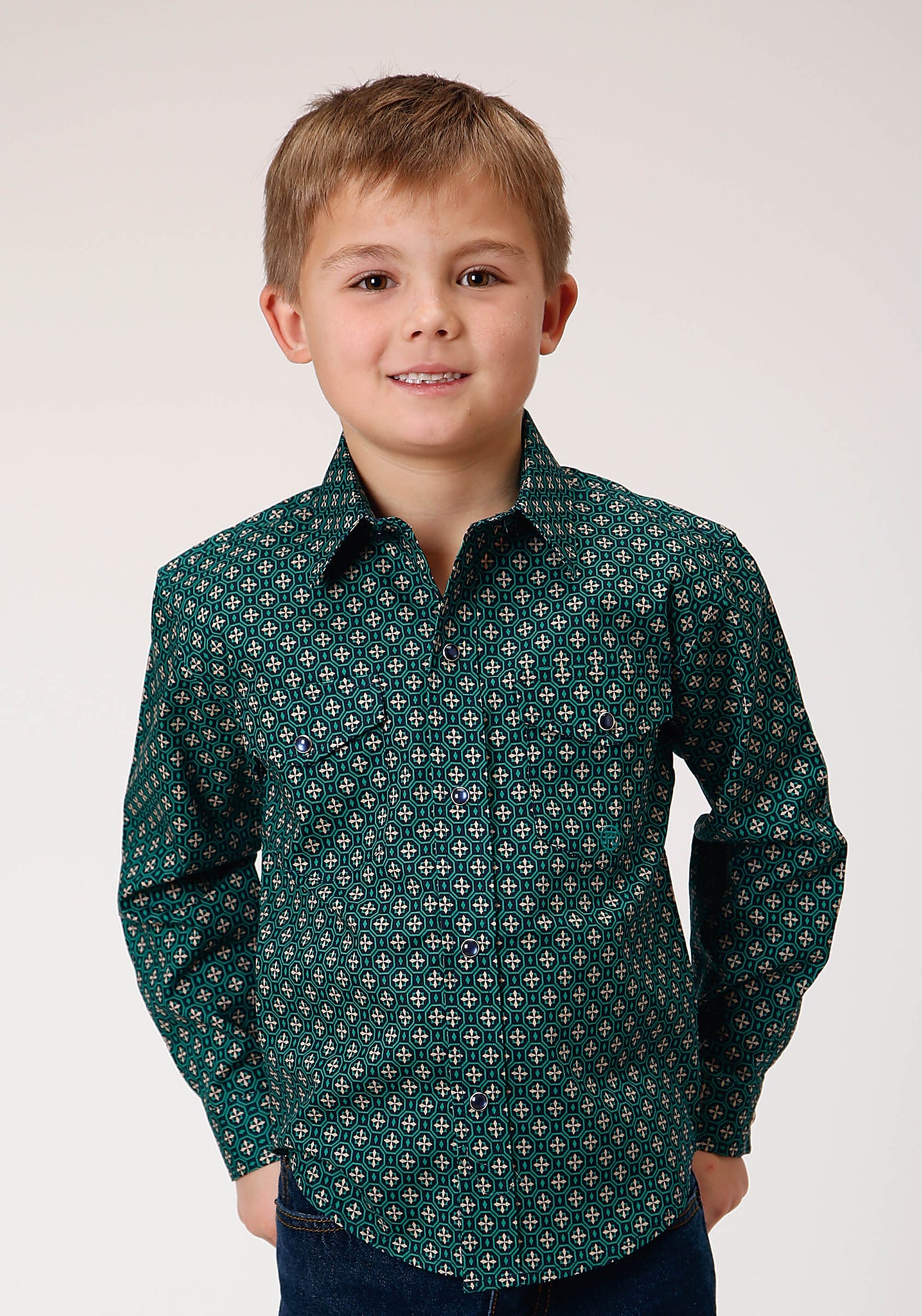 Roper Boy's Long Sleeve Snap Croshort Sleeve Walk Foulard Western Shirt (03-030-0225-1001 BU)