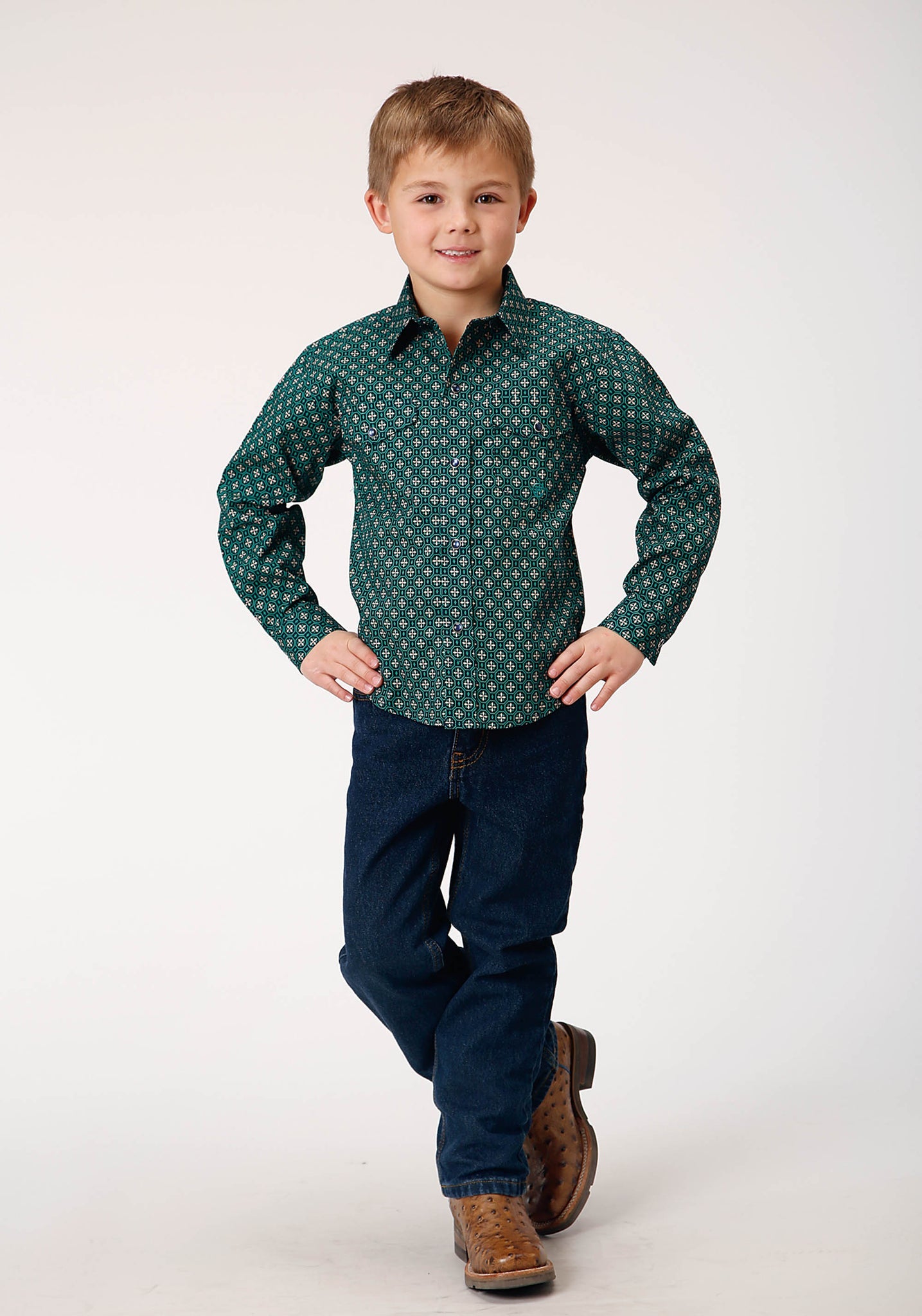 Roper Boy's Long Sleeve Snap Croshort Sleeve Walk Foulard Western Shirt (03-030-0225-1001 BU)