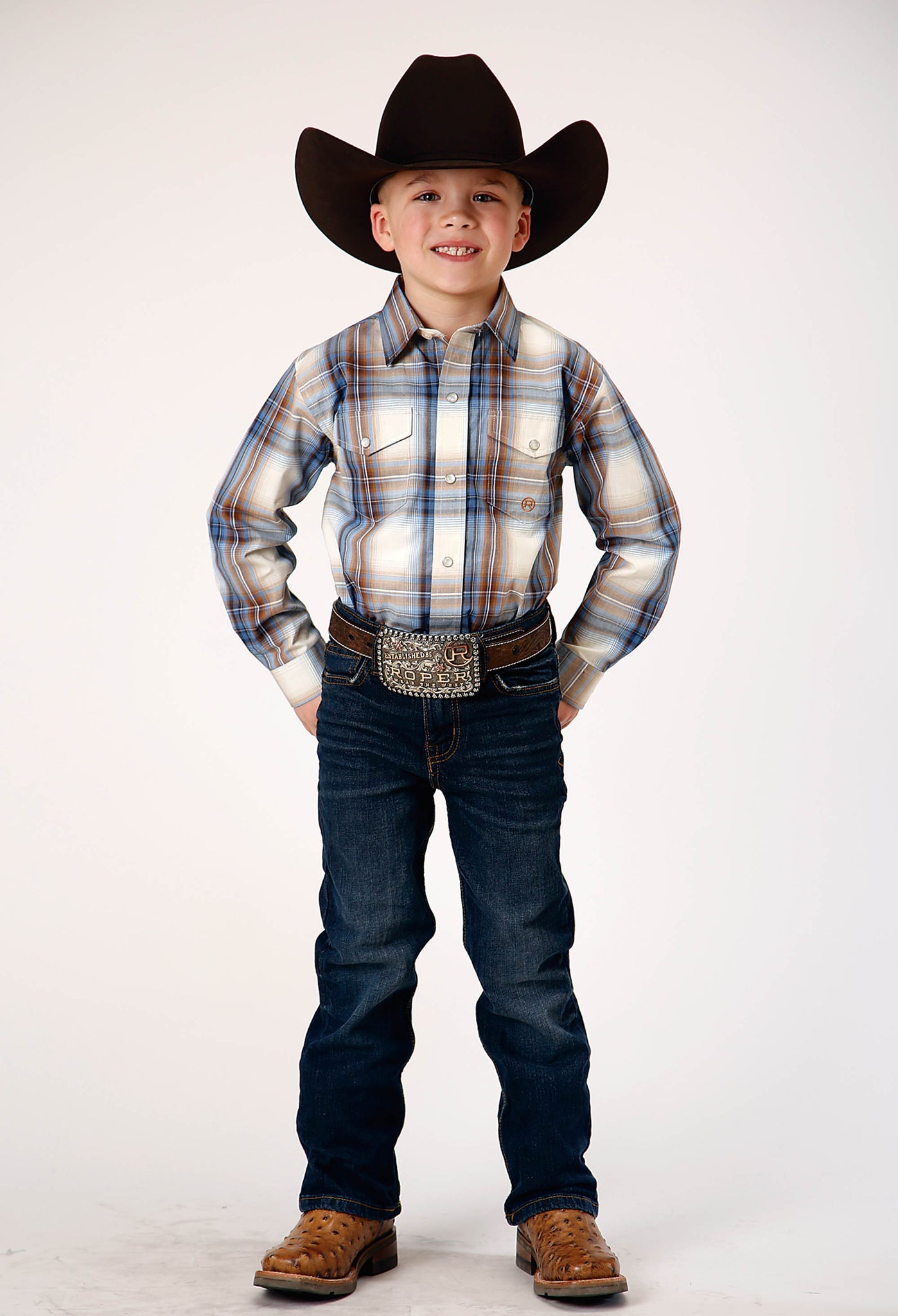 Roper Boy's Long Sleeve Snap Desert Blue Plaid Western Shirt (03-030-0278-1051 BU)
