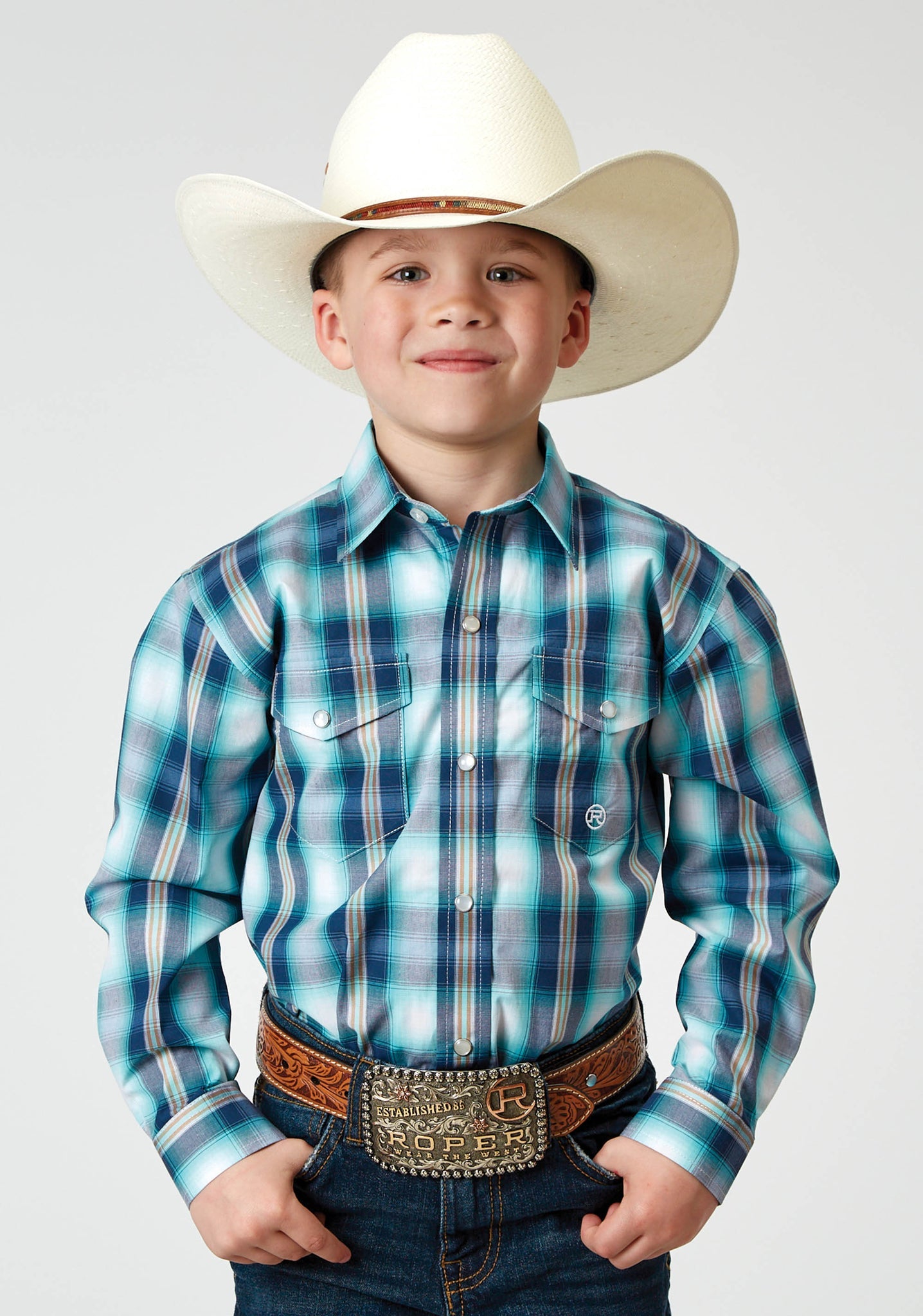 Roper Boy's Long Sleeve Snap Cool Breeze Plaid Western Shirt (03-030-0278-2094 BU)