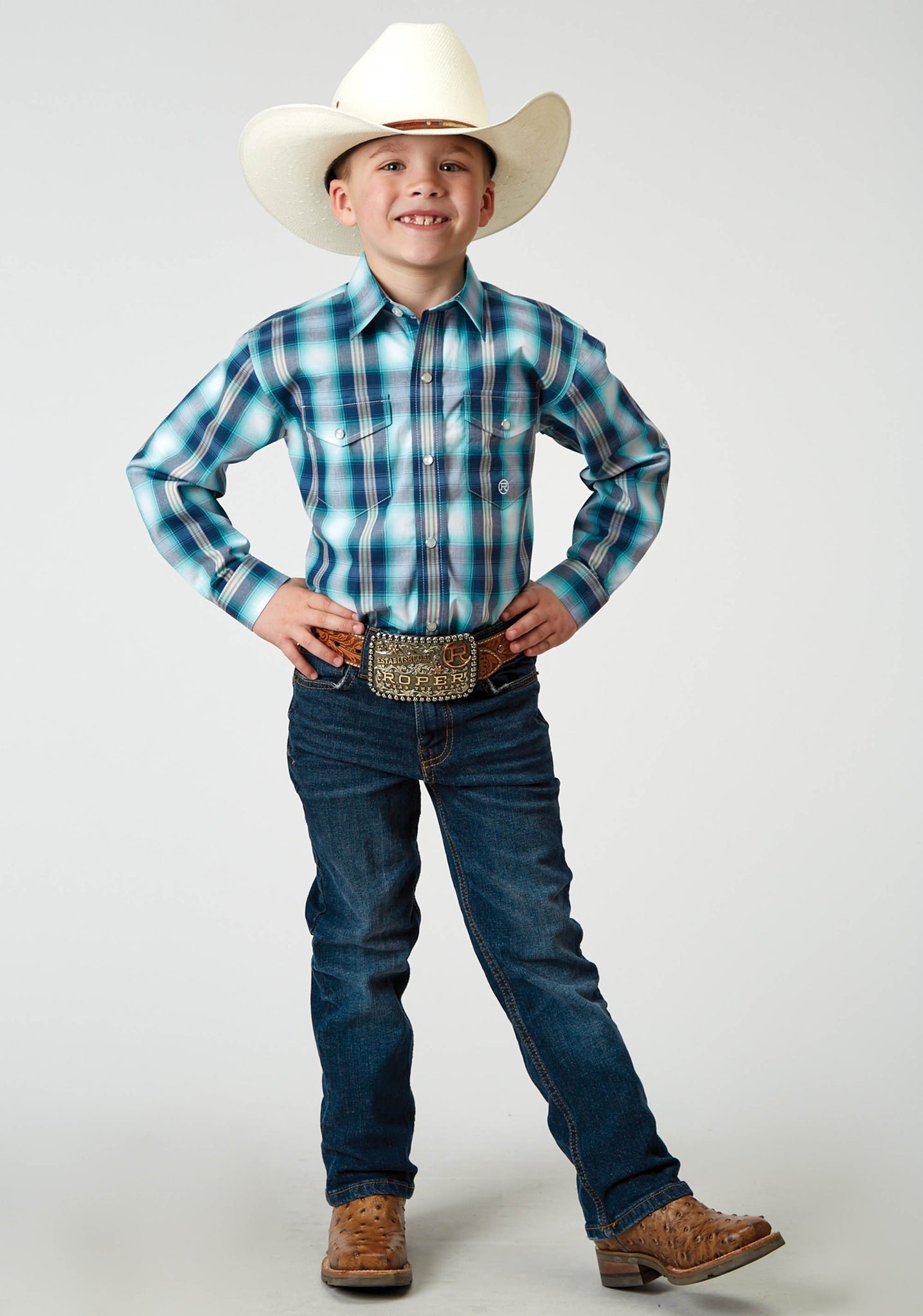 Roper Boy's Long Sleeve Snap Cool Breeze Plaid Western Shirt (03-030-0278-2094 BU)