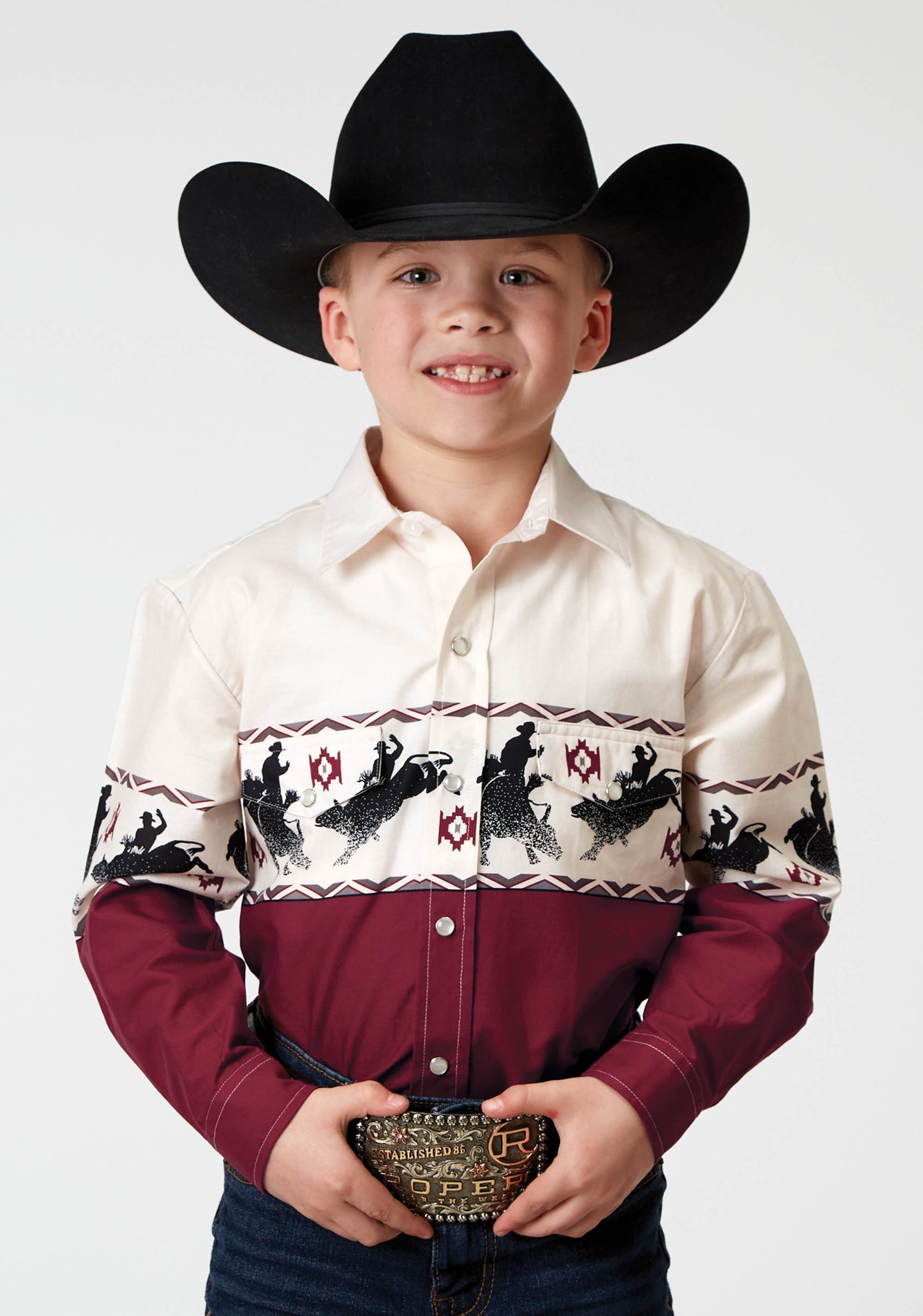 Roper Boy's Long Sleeve Snap Bull Aztec Border Western Shirt (03-030-0421-0308 RE)